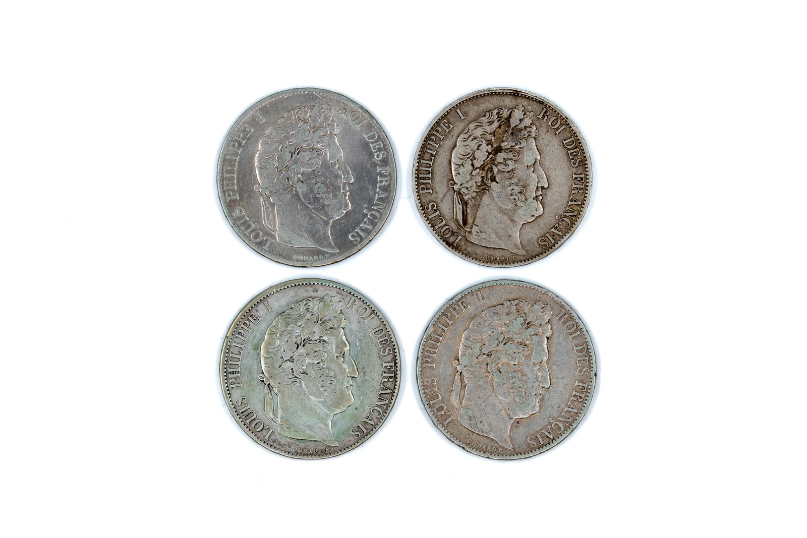 Lot of four French silver 5 Francs coins (Louis-Philippe I), dated 1844-1845 (1 of 2)