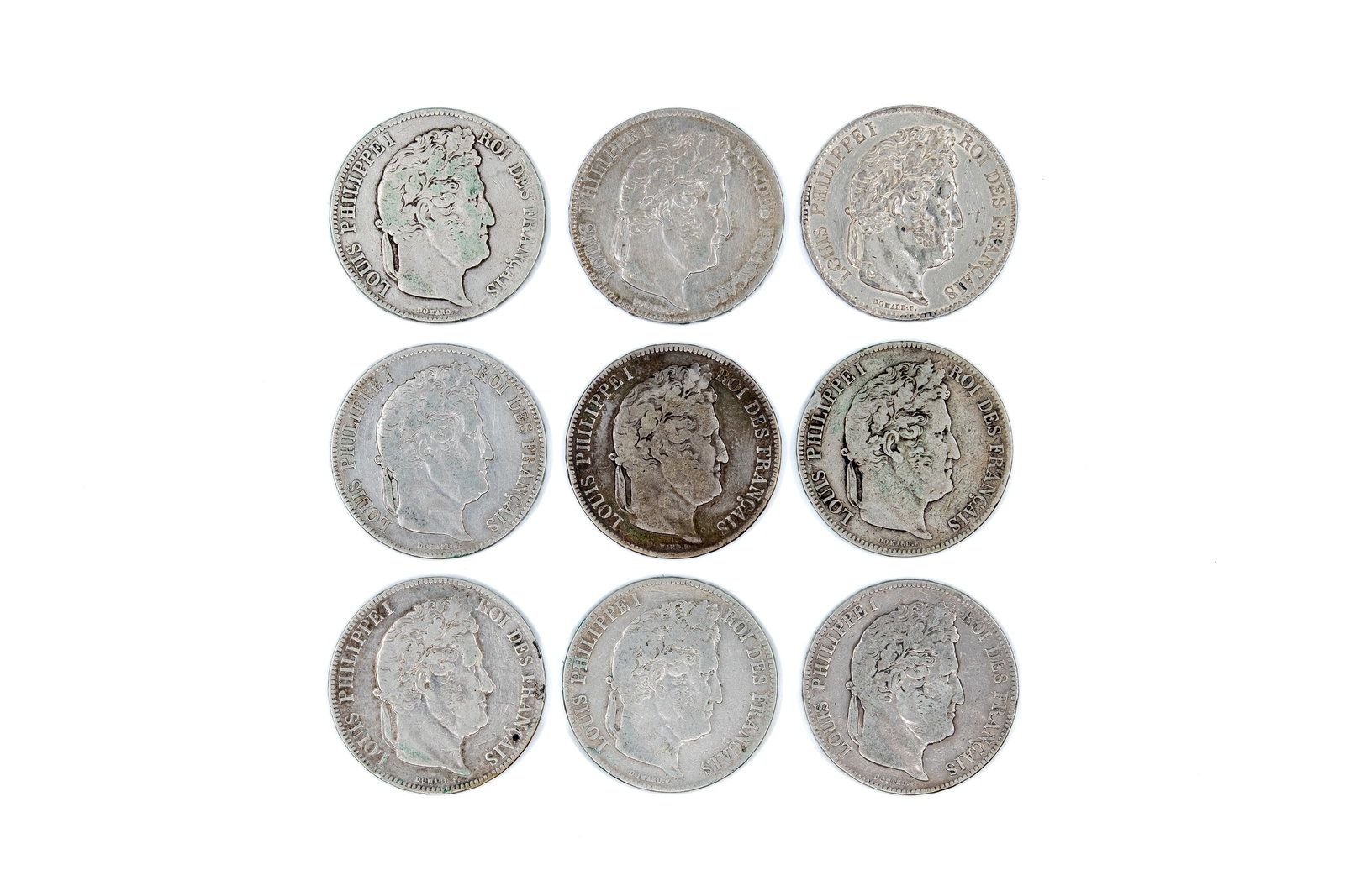 Lot of nine French silver 5 Francs coins (Louis-Philippe I), dated 1838-1842 (1 of 2)