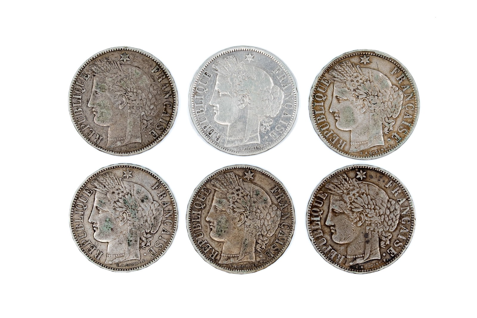 A lot of six French silver 5 Francs coins (Ceres type), dated 1870-1871: A lot of six French silver 5 Francs coins (Ceres type), dated 1870-1871. Comprising 5 Francs coins dated 1870 and 1871, with laurel wreath reverses and denomination within wreath or with legend "LIBER