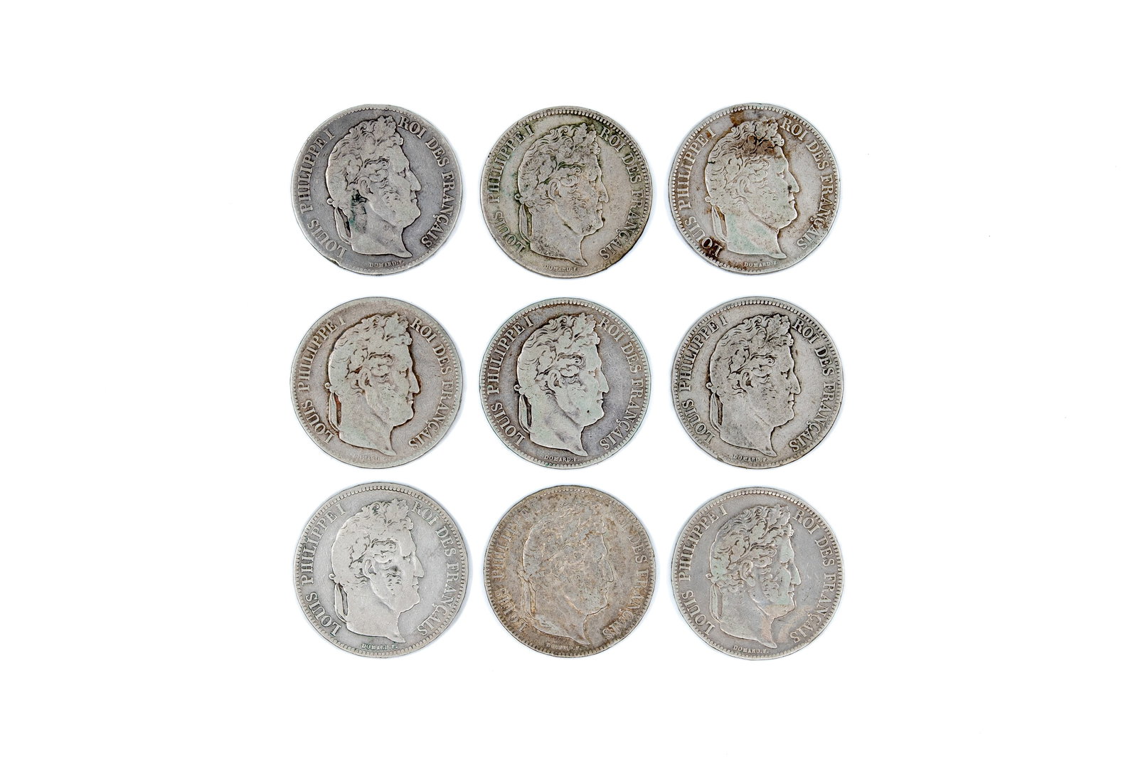 A lot of nine French silver 5 Francs coins (Louis-Philippe I), dated 1837-1841: A lot of nine French silver 5 Francs coins (Louis-Philippe I), dated 1837-1841. Comprising 5 Francs coins dated 1837, 1838, and 1841, with laurel wreath reverses and denomination within wreath. Total 