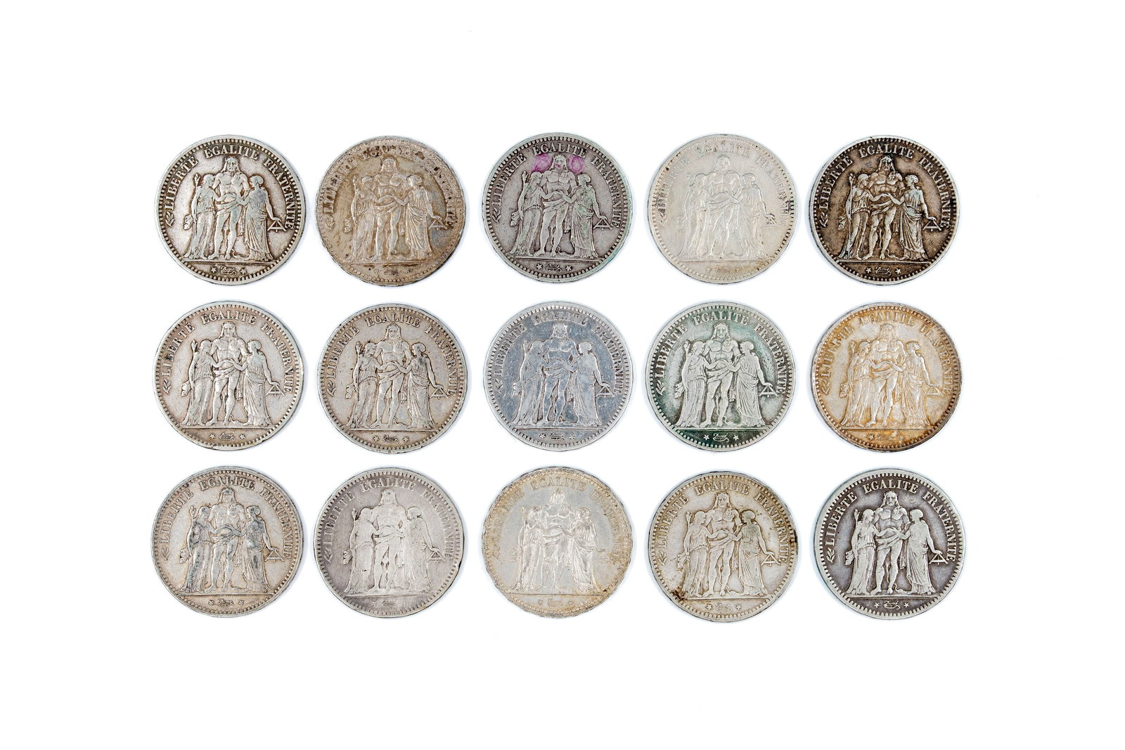 A lot of 15 French silver 5 Francs coins (Hercules type), dated 1848-1878: A lot of 15 French silver 5 Francs coins (Hercules type), dated 1848-1878. Comprising 5 Francs coins dated 1848, 1870, 1873, 1874, 1875, 1876, 1877, and 1878, with Hercules and allegorical figures on 