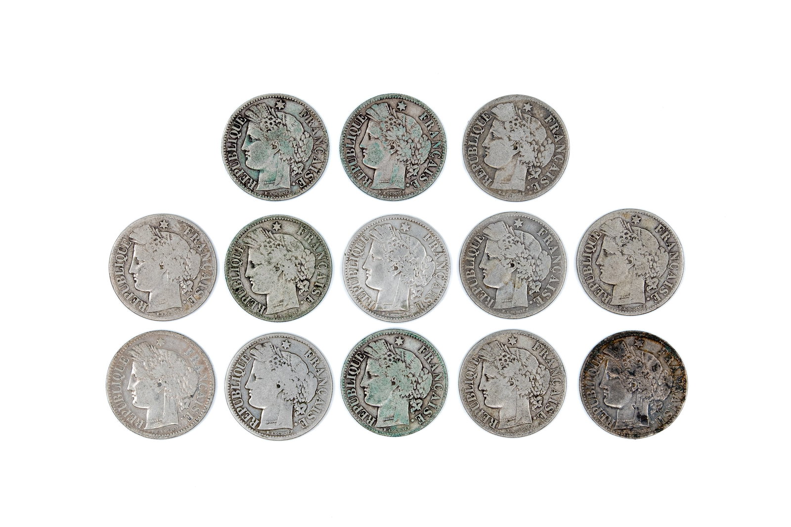 A lot of 13 French silver 2 Francs coins, dated circa 1870s-1890s (1 of 2)