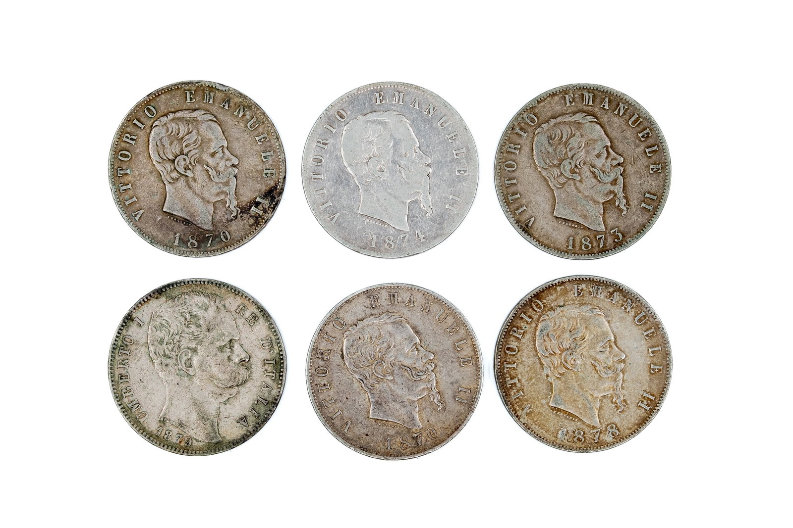 A lot of six Italian silver 5 Lire coins of Vittorio Emanuele II, dated 1870-1879 (1 of 2)