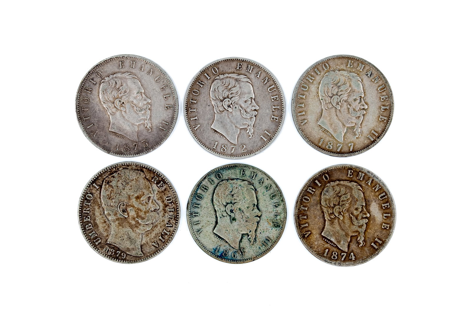 A lot of six Italian silver 5 Lire coins, dated 1869-1879 (1 of 2)