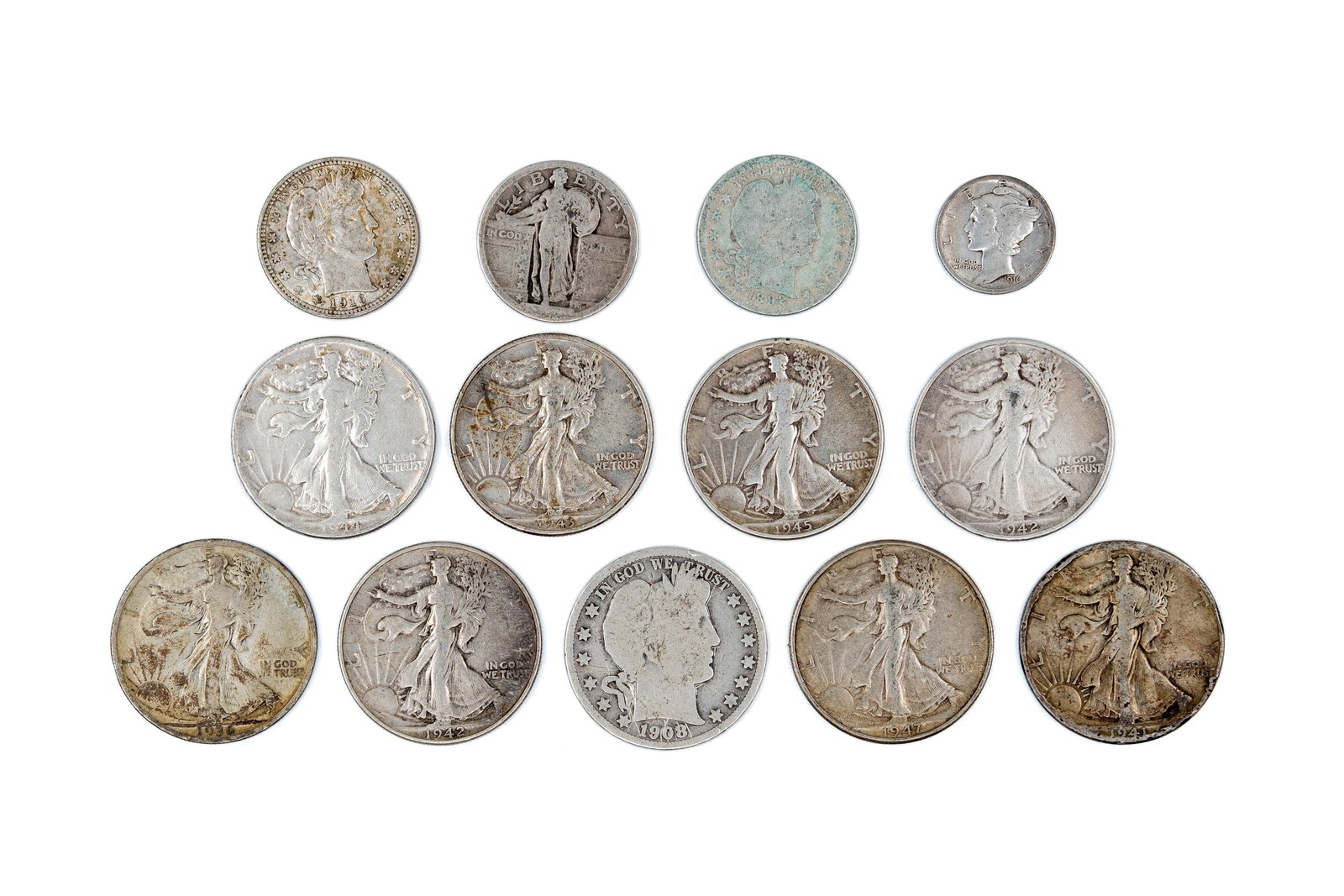 A lot of 13 United States silver coins, dated 1892-1947 (1 of 2)