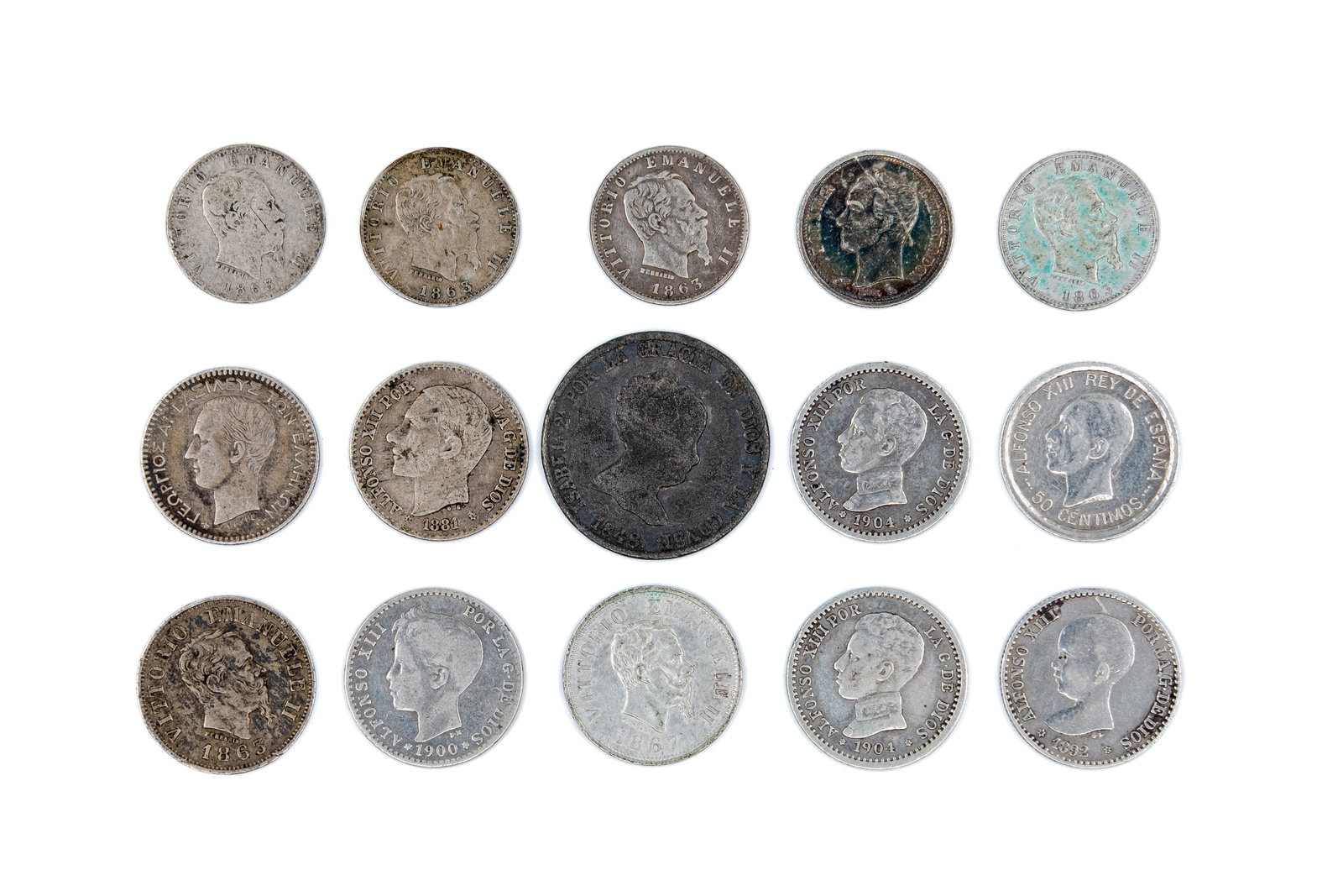 A lot of 15 European silver coins, dated 19th to early 20th century (1 of 2)