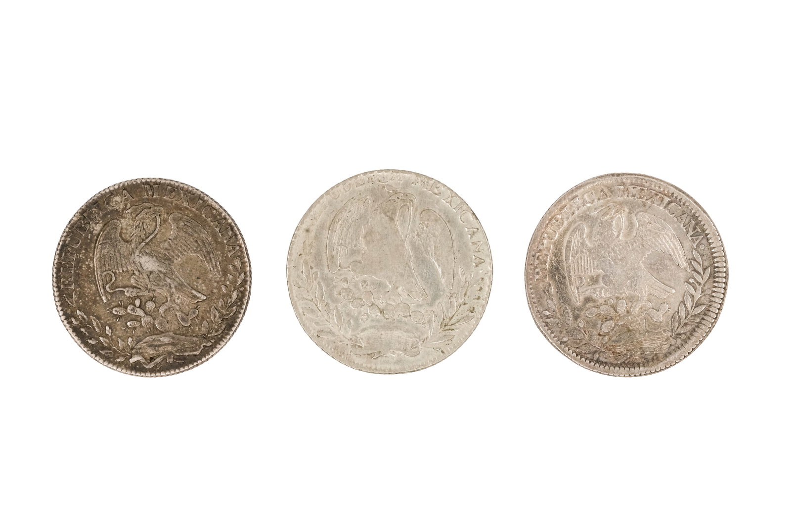 Three Mexican silver 8 Reales coins, dated 1833-1844 (1 of 2)