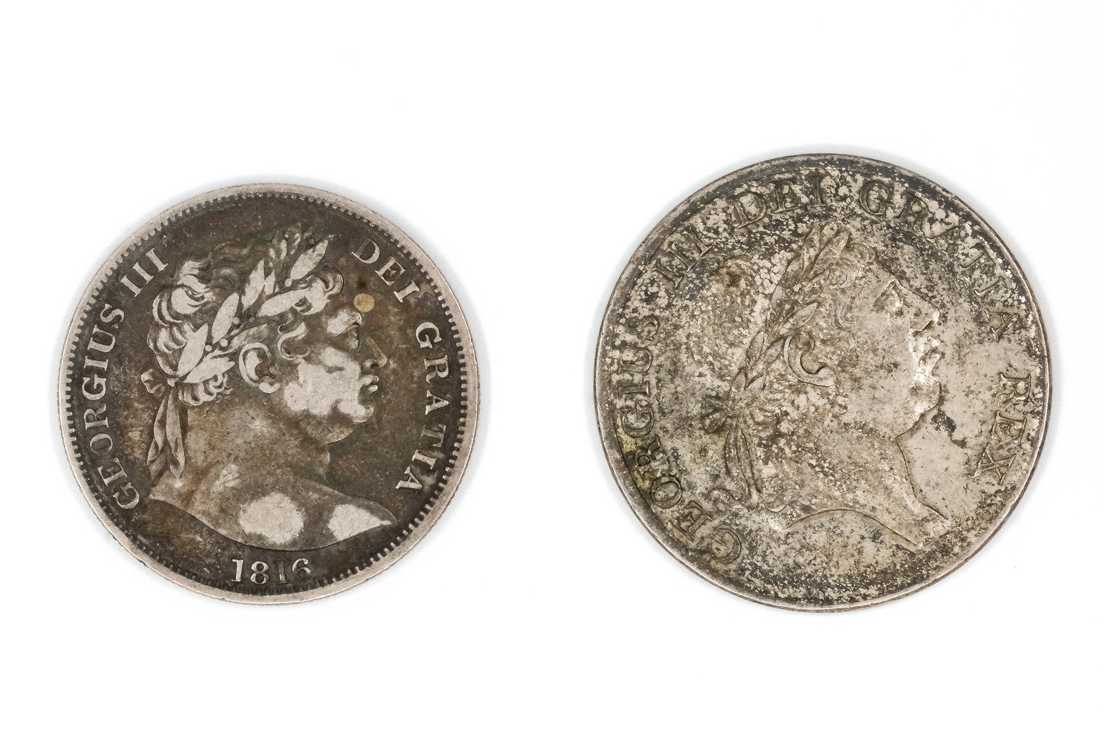 Two British silver coins of George III, dated 1814 and 1816 (1 of 2)