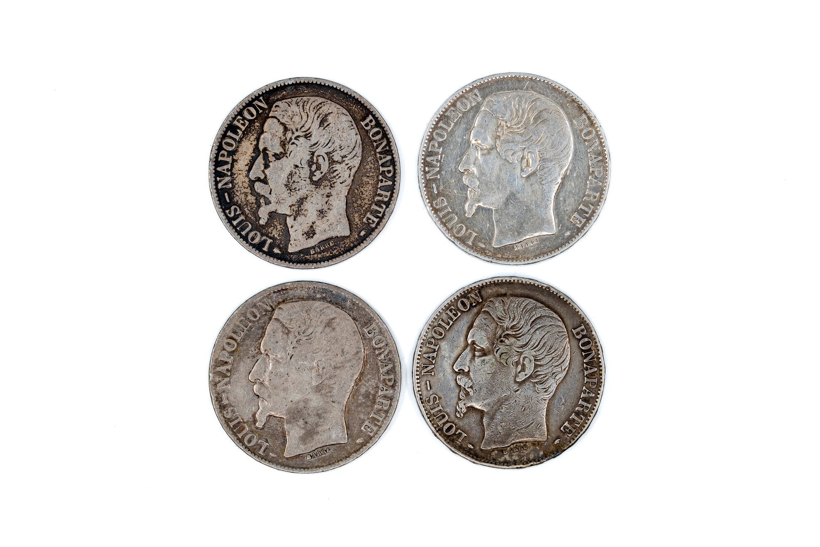 A lot of four French silver 5 francs coins of Louis-Napoléon Bonaparte, dated 1852 (1 of 2)