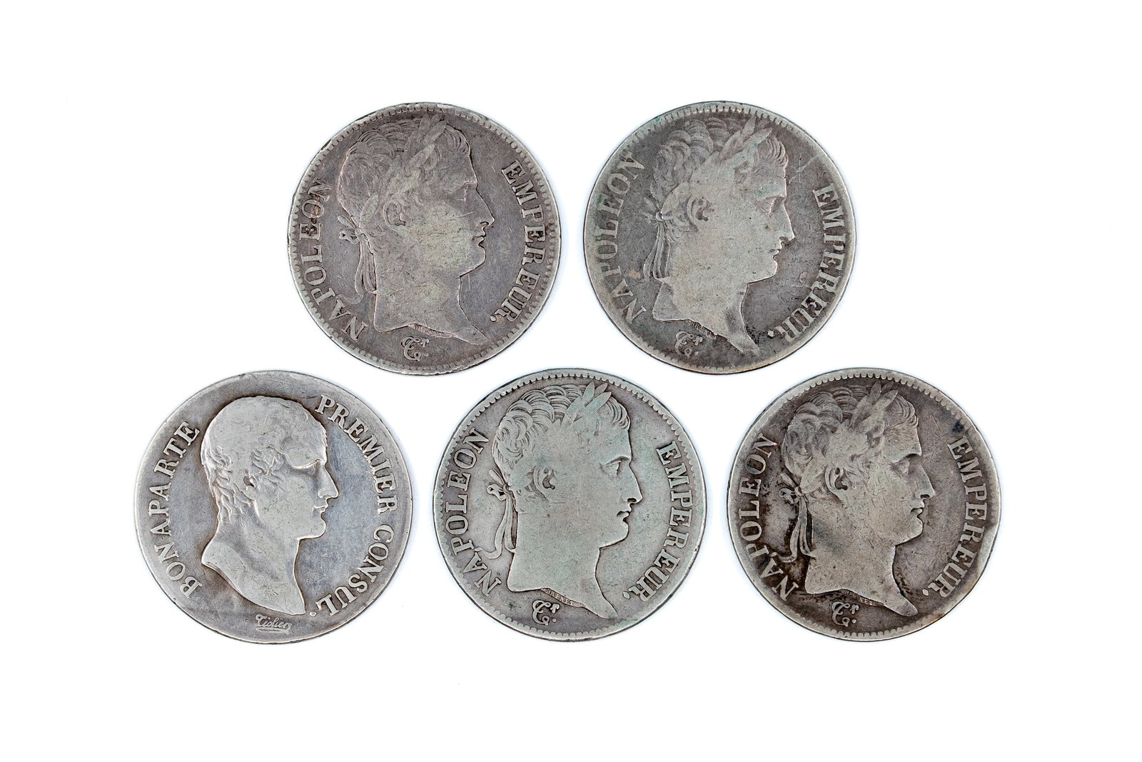 A lot of five French silver 5 francs coins of Napoleon, dated An 12 (1 of 2)