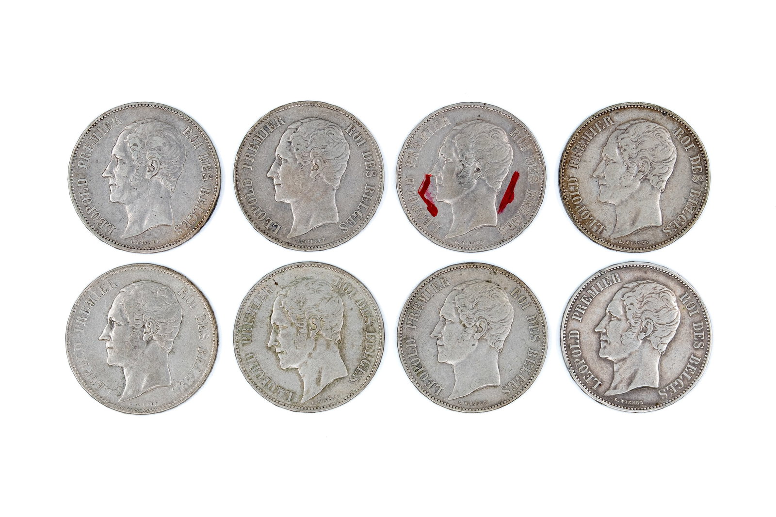 A lot of eight Belgian silver 5 francs coins of Leopold I, dated 1850-1858 (1 of 2)