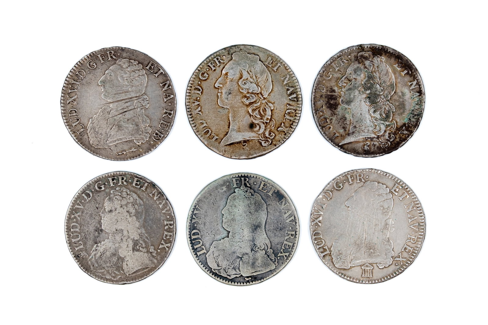 A lot of six French silver écus, dated 1727-1784: A lot of six French silver écus, dated 1727-1784. Comprising issues of Louis XV and Louis XVI with laureate and draped busts on the obverse and crowned coat of arms within wreath reverse. Total weigh