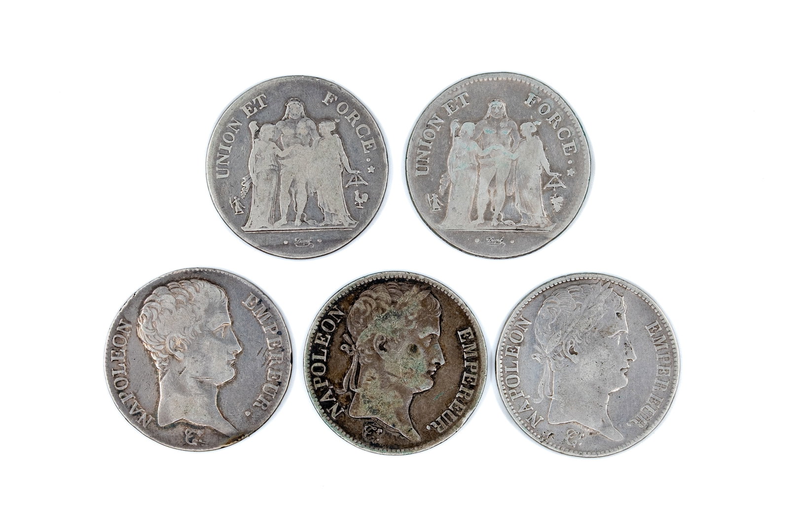 A lot of five French silver 5 Francs coins, Napoleon I, dated An 8: A lot of five French silver 5 Francs coins, Napoleon I, dated An 8 (1800)-1813. Featuring laureate and bare head portraits of Napoleon I or "Union et Force" designs on the obverse, and denomination wi