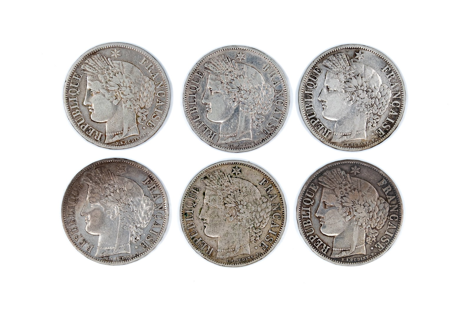 A lot of six French silver 5 Francs coins, Second Republic, dated 1849-1851: A lot of six French silver 5 Francs coins, Second Republic, dated 1849-1851. Featuring the head of Cérès on the obverse and "Liberté, Égalité, Fraternité" wreath design on the reverse. Total wei