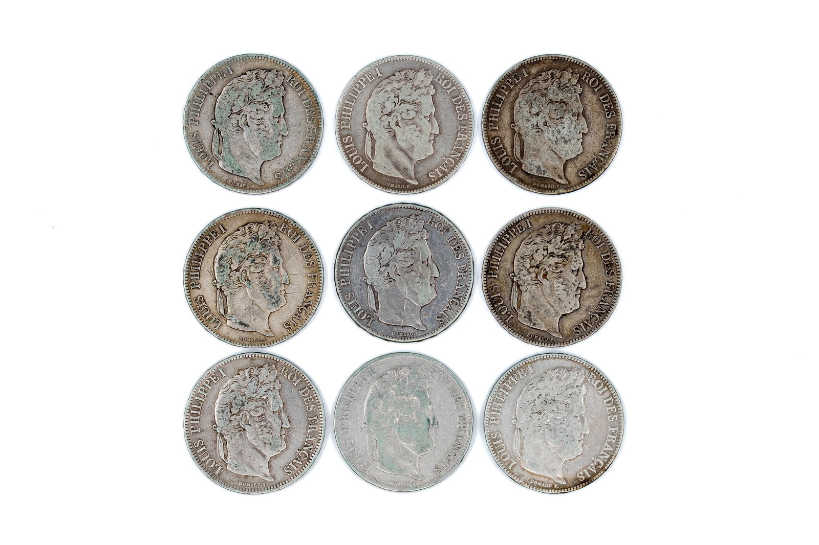 A lot of nine French silver 5 Francs coins of Louis Philippe I, dated 1834-1840: A lot of nine French silver 5 Francs coins of Louis Philippe I, dated 1834-1840. All issues of Louis Philippe I with laureate head, all with wreath reverse. Total weight: 222,1g