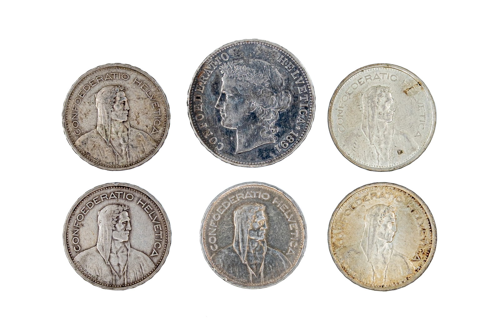 A lot of six Swiss silver 5 Francs coins, dated 1891-1969 (1 of 2)