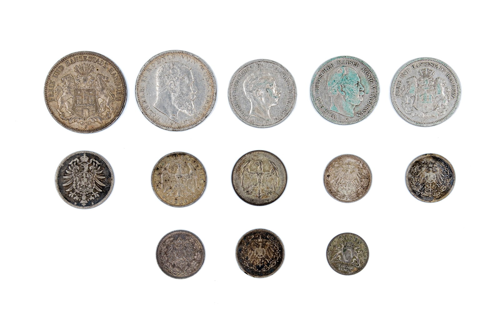 A lot of 13 assorted mostly German silver coins, dated 19th-early 20th century (1 of 2)