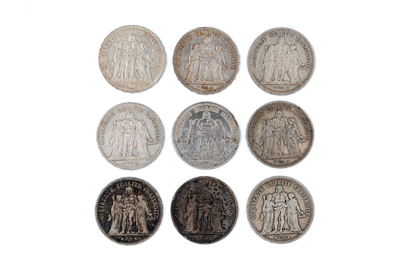 A lot of nine French silver 5 Francs coins, dated 1849-1876 (1 of 2)