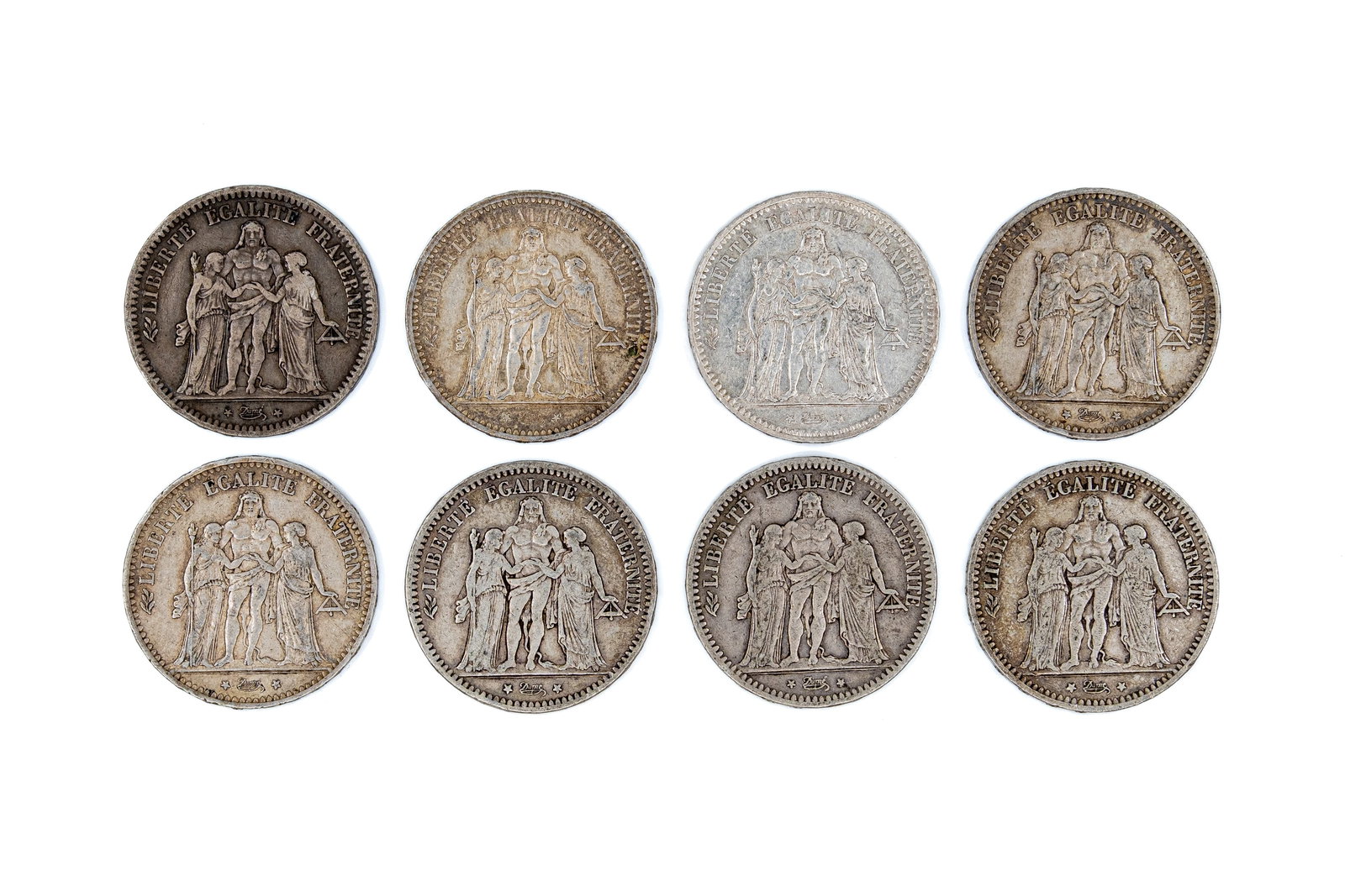 A lot of eight French silver 5 Francs coins, dated 1848-1876 (1 of 2)