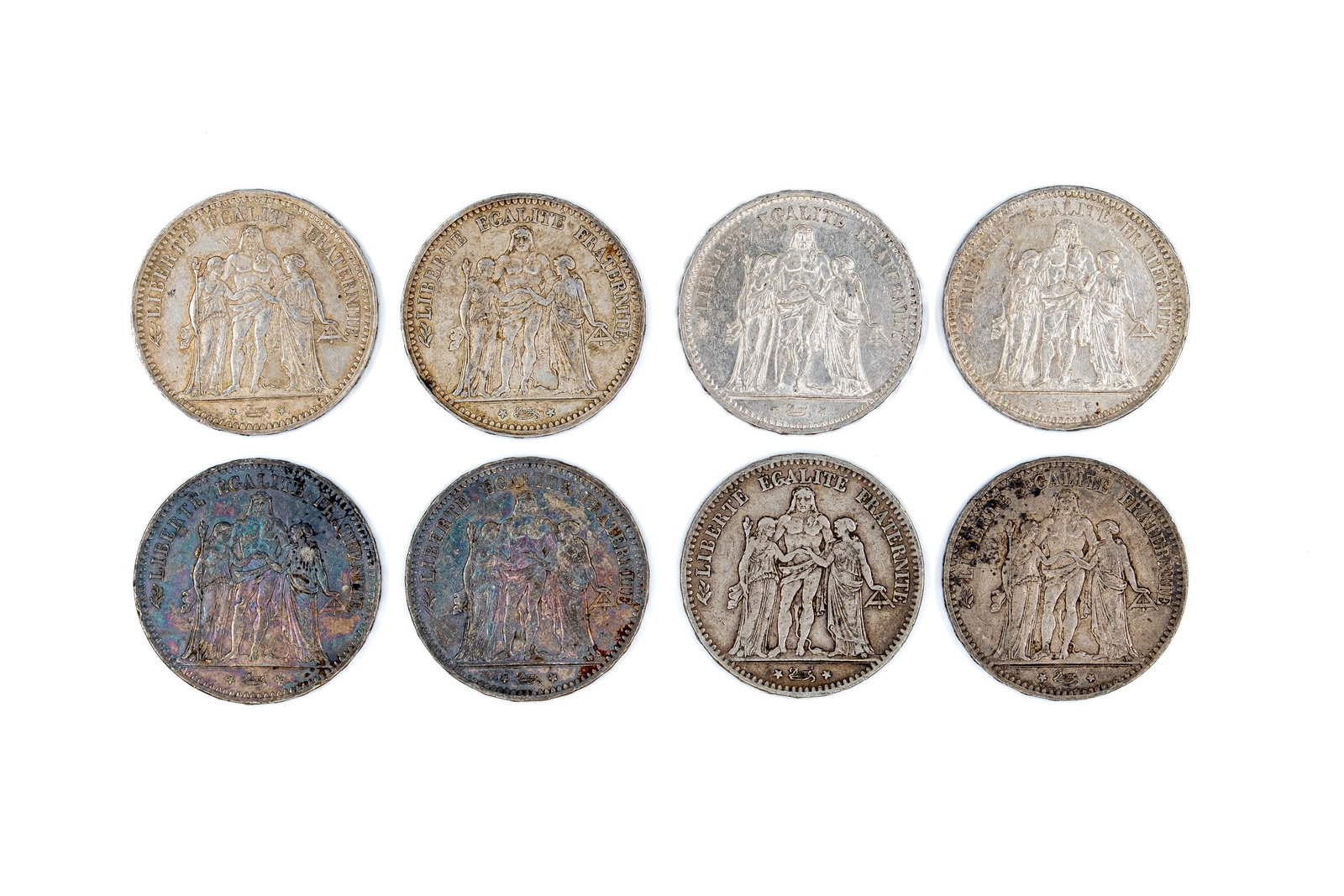 A lot of eight French silver 5 Francs coins of Hercule type, dated 1873-1876 (1 of 2)