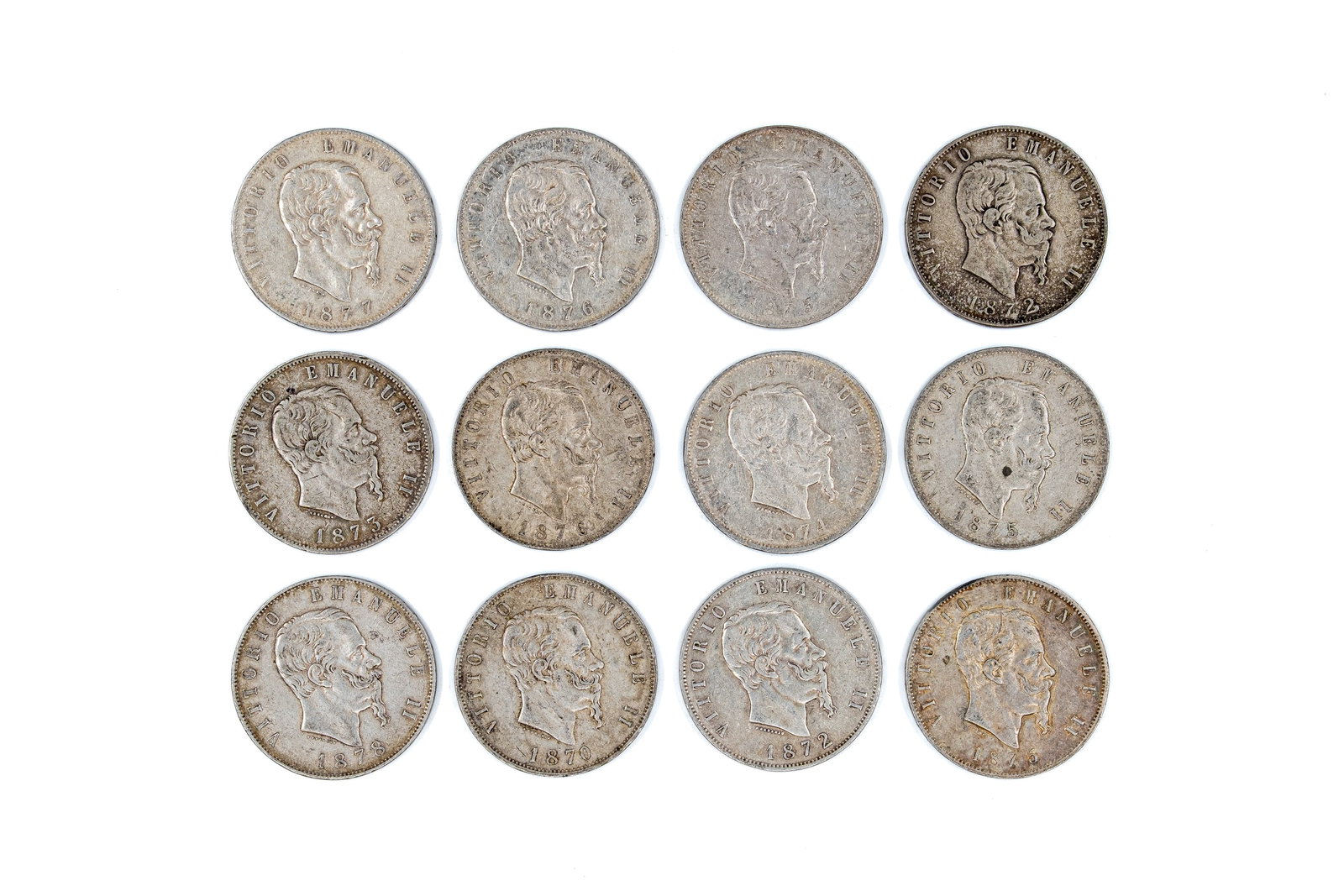 A lot of 12 Italian silver 5 Lire coins of Vittorio Emanuele II, dated 1870-1878 (1 of 2)