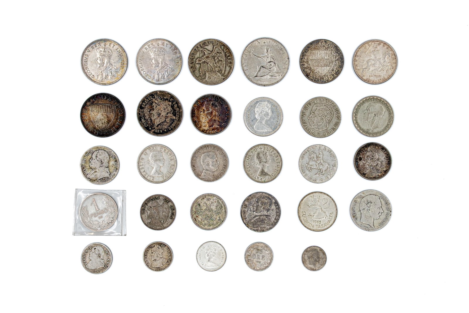 A lot of 29 world silver coins, 19th-20th century: A lot of 29 world silver coins, 19th-20th century. Comprising a mixed group of circulation and commemorative issues in various denominations, with royal and allegorical portraits, armorial designs, an