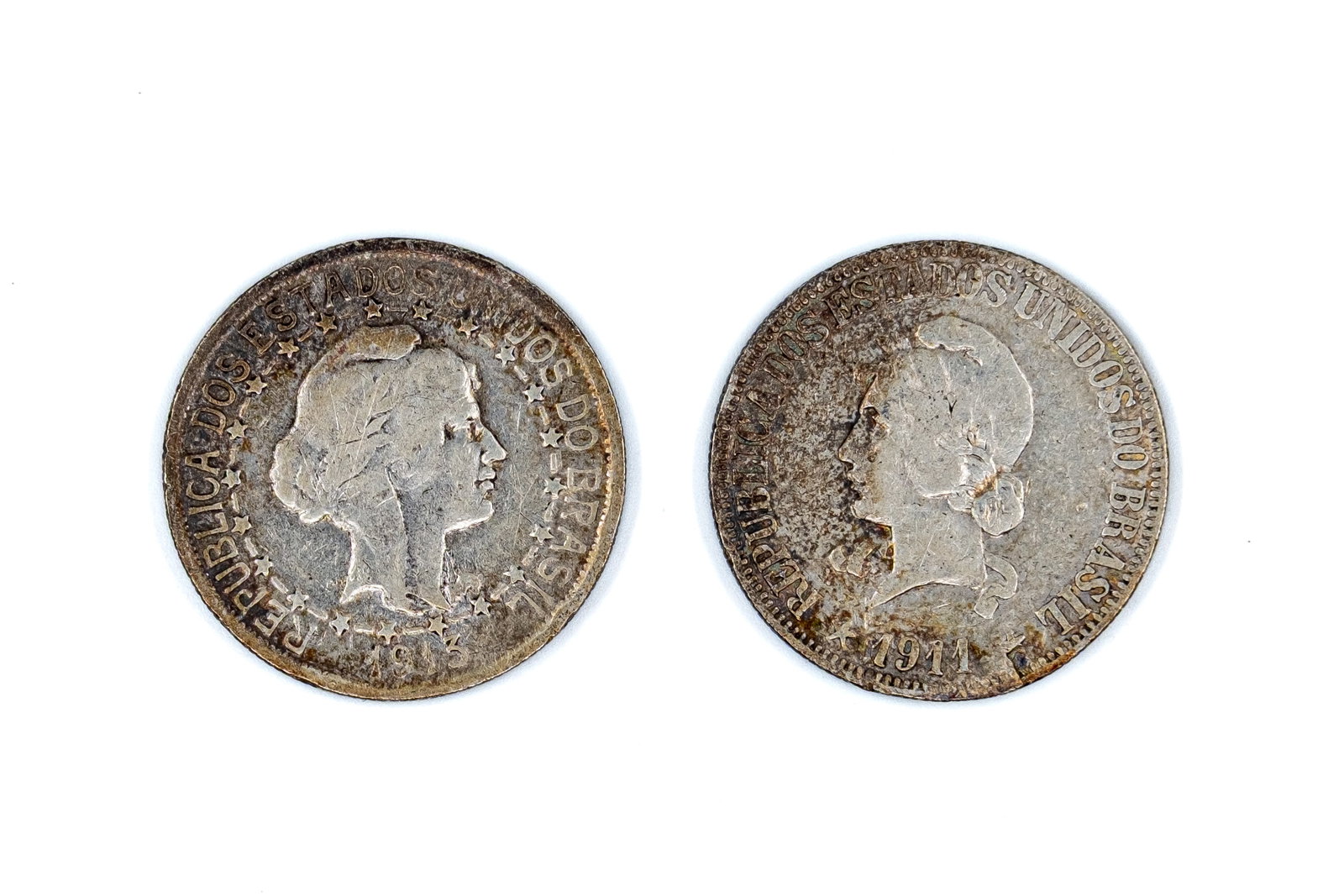 Two Brazilian silver 1000 Reis coins, dated 1911-1913 (1 of 2)