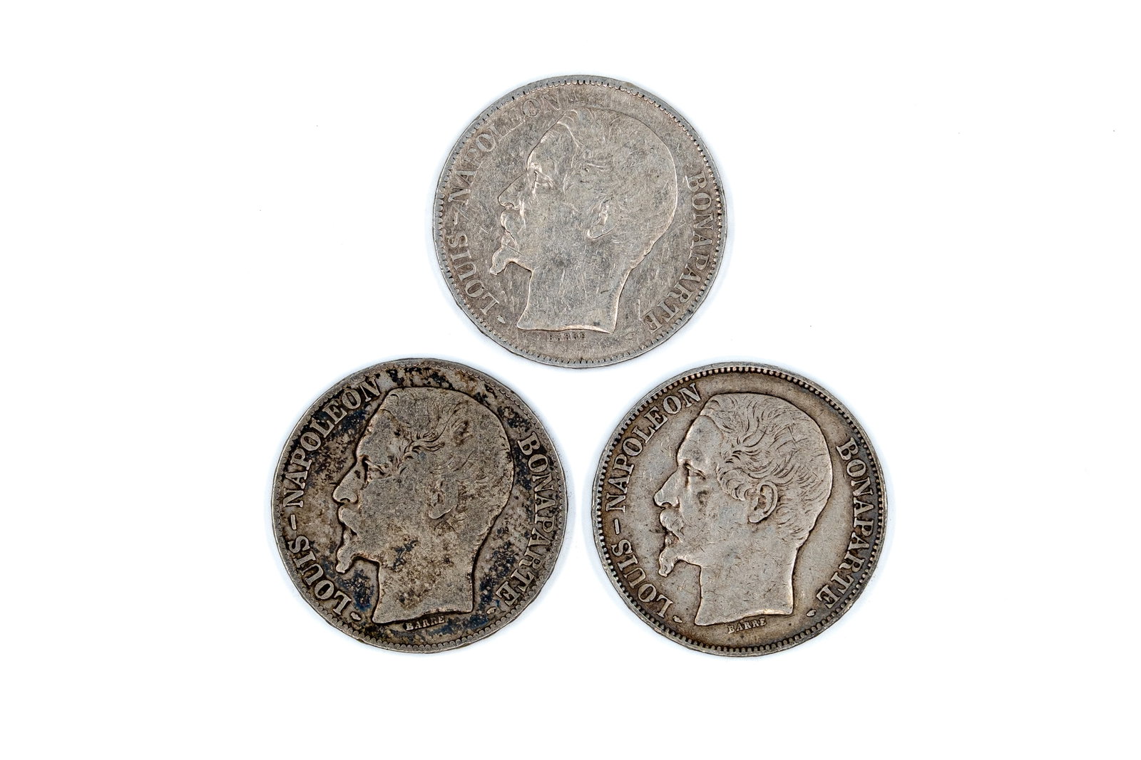 A lot of three French silver 5 Francs coins of Louis-Napoleon Bonaparte, dated 1852 (1 of 2)