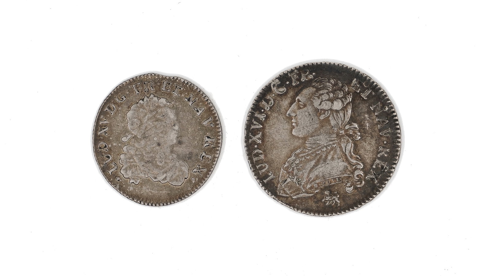 A lot of two French silver coins, dated 1723 and 1792: A lot of two French silver coins, dated 1723 and 1792. Comprising an issue of Louis XV with youthful bust and an issue of Louis XVI with draped bust, both with crowned shield bearing fleurs-de-lis on 