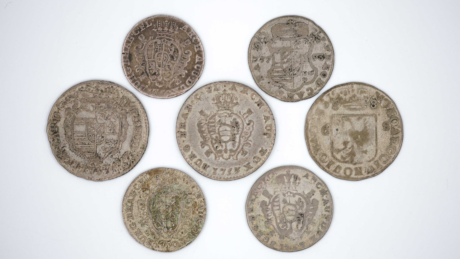 A lot of seven European silver coins, 18th century: A lot of seven European silver coins, 18th century. Comprising various types with lion and armorial shield designs, dated mid to late 18th century. Total weight: 41g
