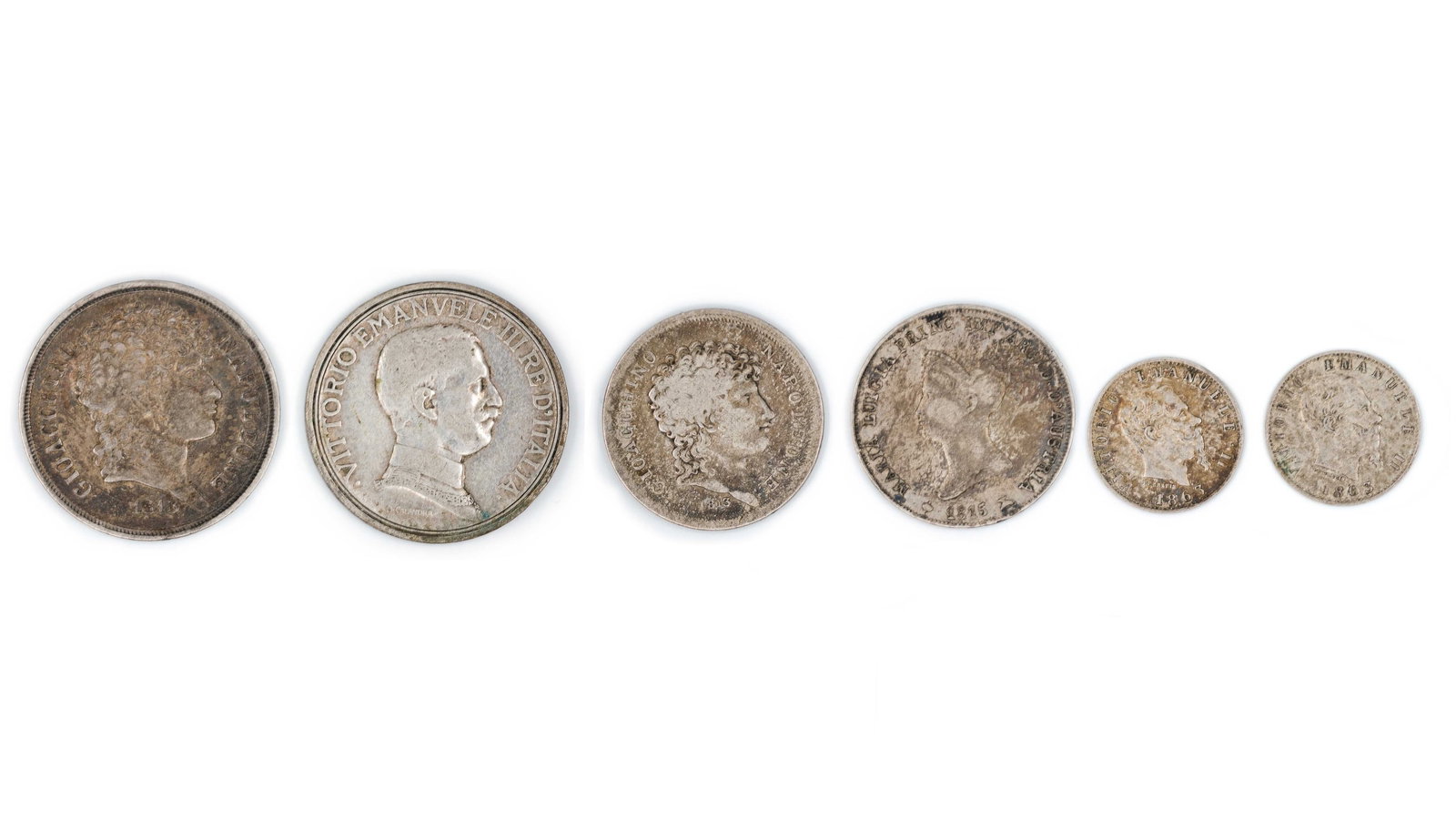 A lot of six Italian coins, 19th-20th century: A lot of six Italian coins, 19th-20th century. Comprising various issues including Vittorio Emanuele II and other types, with portrait busts on the obverse and reverses with wreaths, denomination and 