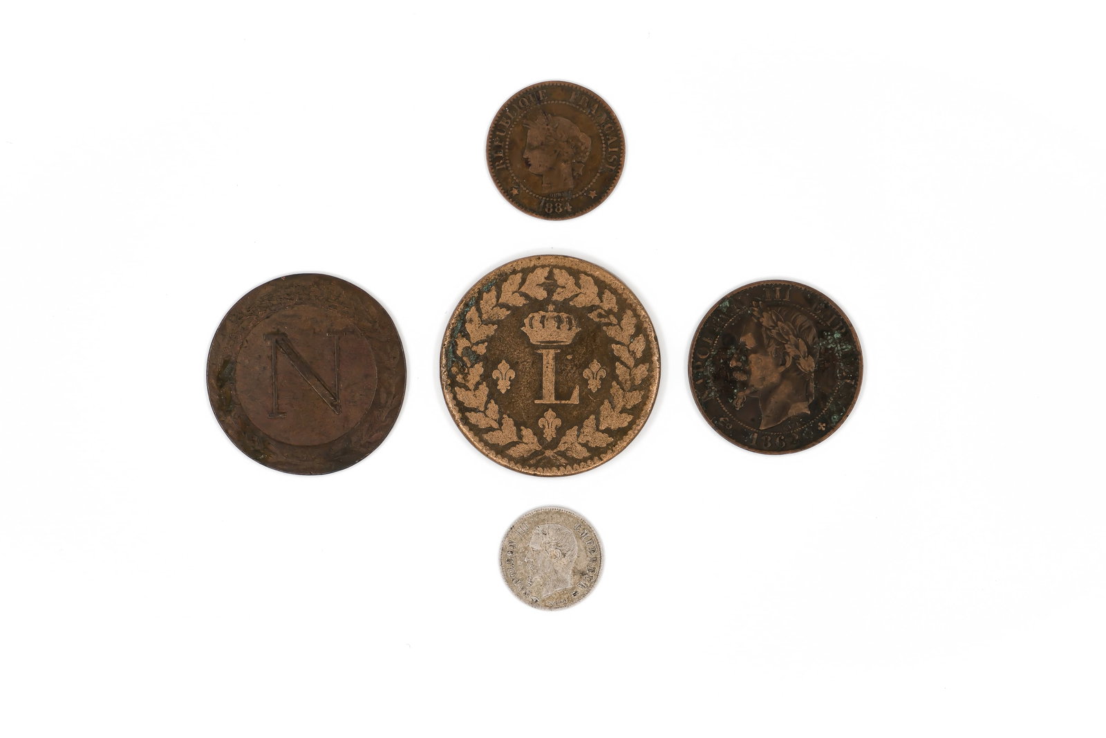 A lot of five coins, mainly French issues, 19th century (1 of 2)