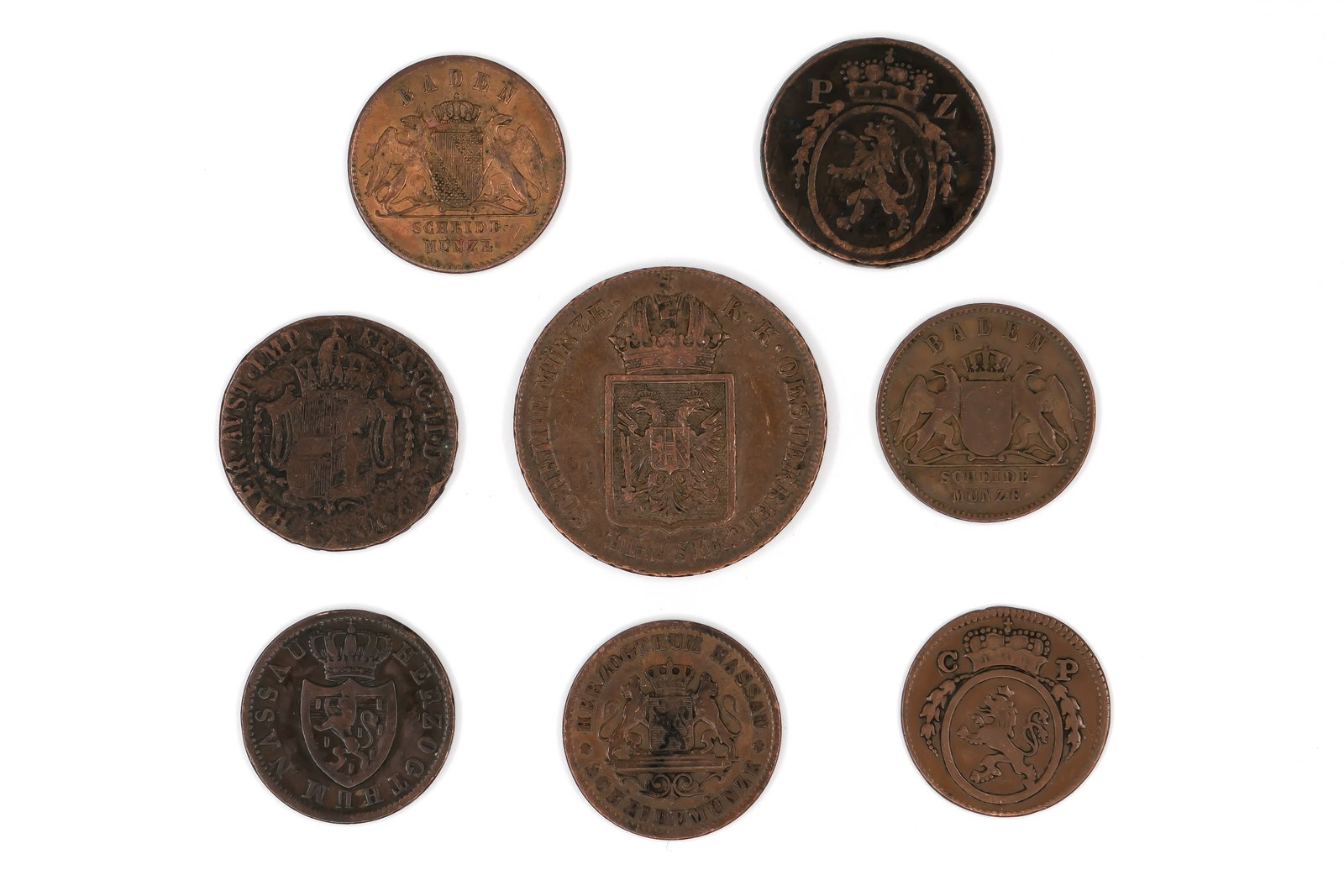 A lot of eight German States copper coins, dated 18th-19th century (1 of 2)