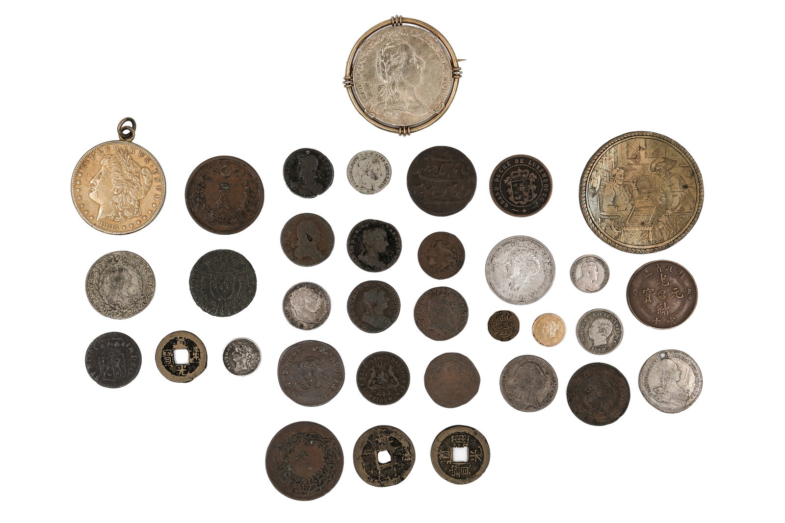 A mixed lot of 34 world coins and tokens (1 of 2)