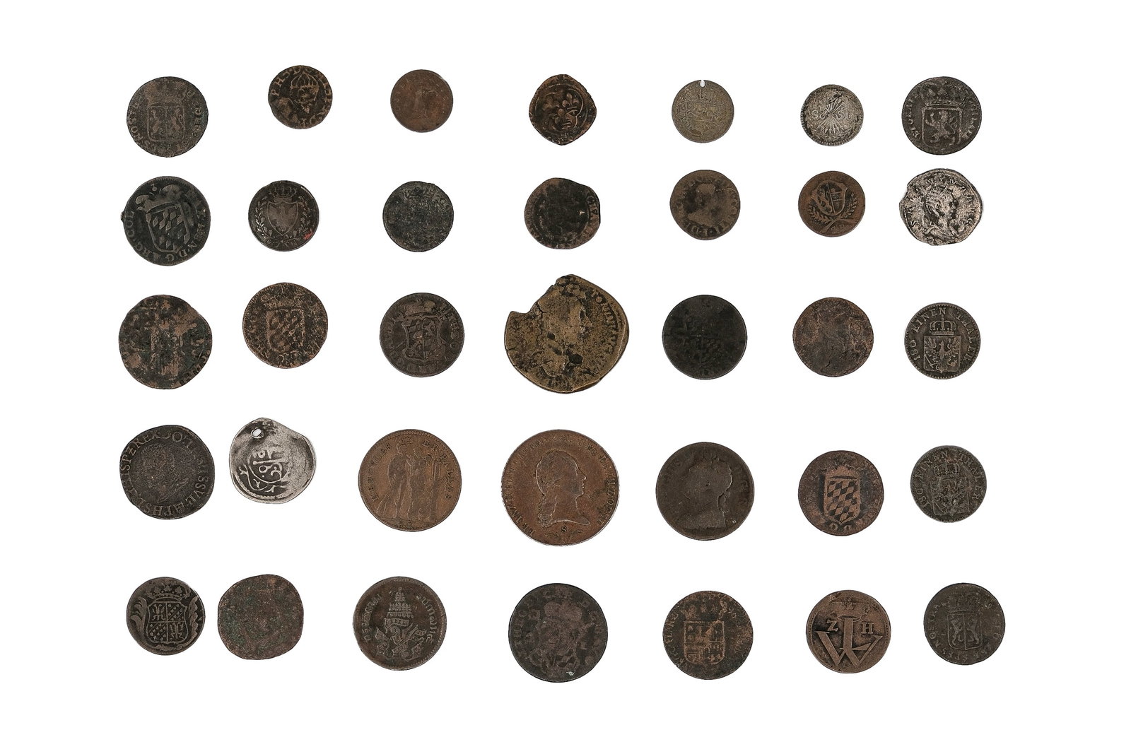 A lot of 35 mainly European coins in various metals: A lot of 35 mainly European coins in various metals. Featuring a range of denominations with crowned shields, monograms, and portrait designs.