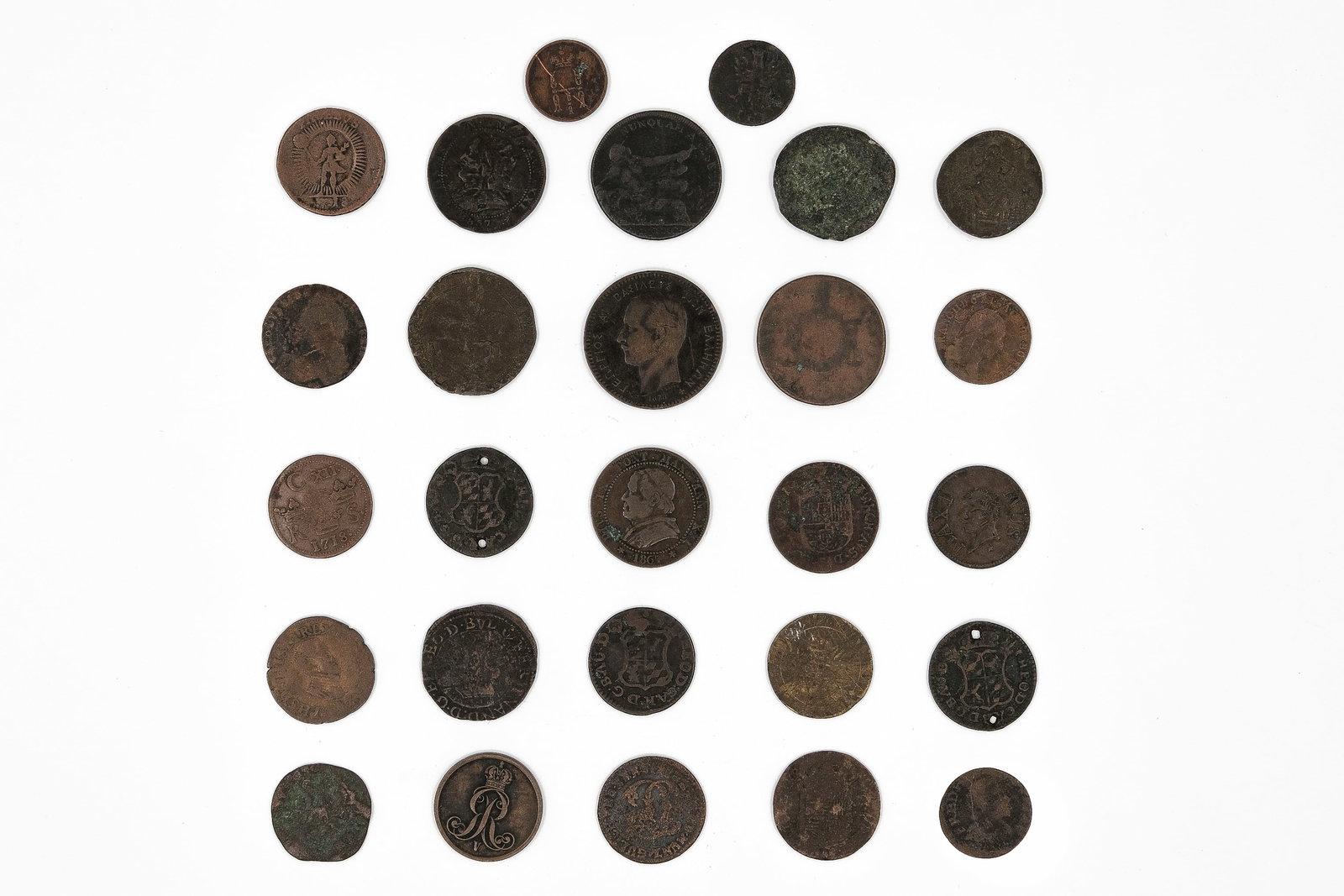 A lot of 27 mainly European coins in various metals: A lot of 27 mainly European coins in various metals. Featuring a range of denominations, with crowned shields, monograms, and portrait designs.