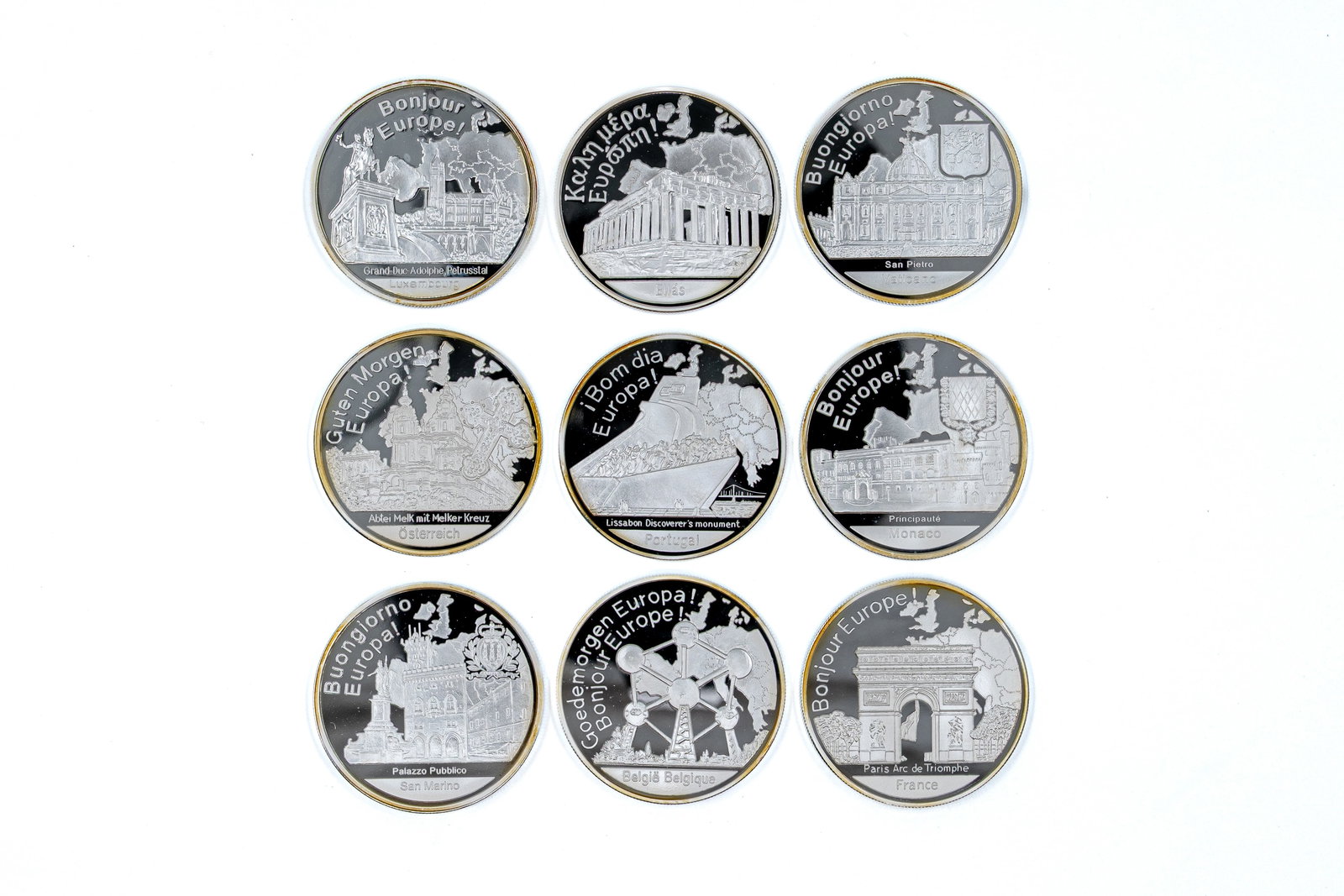 A lot of nine modern European silver coins from the same series, 21st century: A lot of nine modern European silver coins from the same series, 21st century. Comprising commemorative issues with views of European monuments and landmarks from various countries. Total weight: 255,