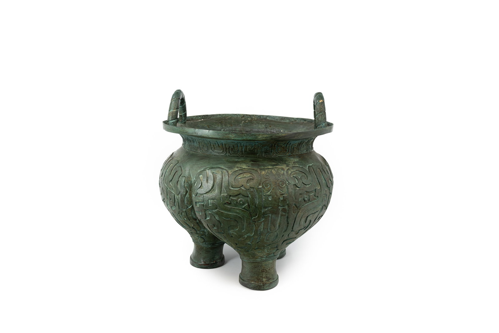 A 20th century large Chinese decorated patinated bronze tripod food vessel with handles (1 of 10)