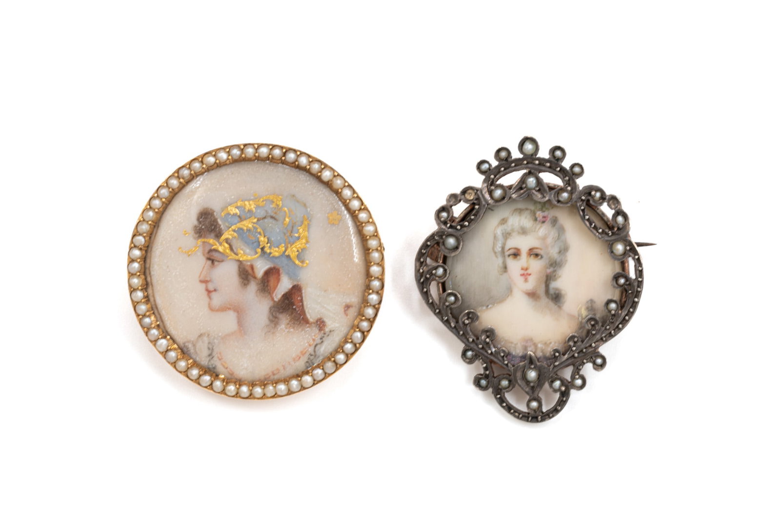 A composed lot of two antique portrait brooches: A composed lot of two antique portrait brooches. One 18 kt gold brooch set with a painted portrait miniature surrounded by seed pearls, and one silver brooch with openwork decoration, seed pearls and 
