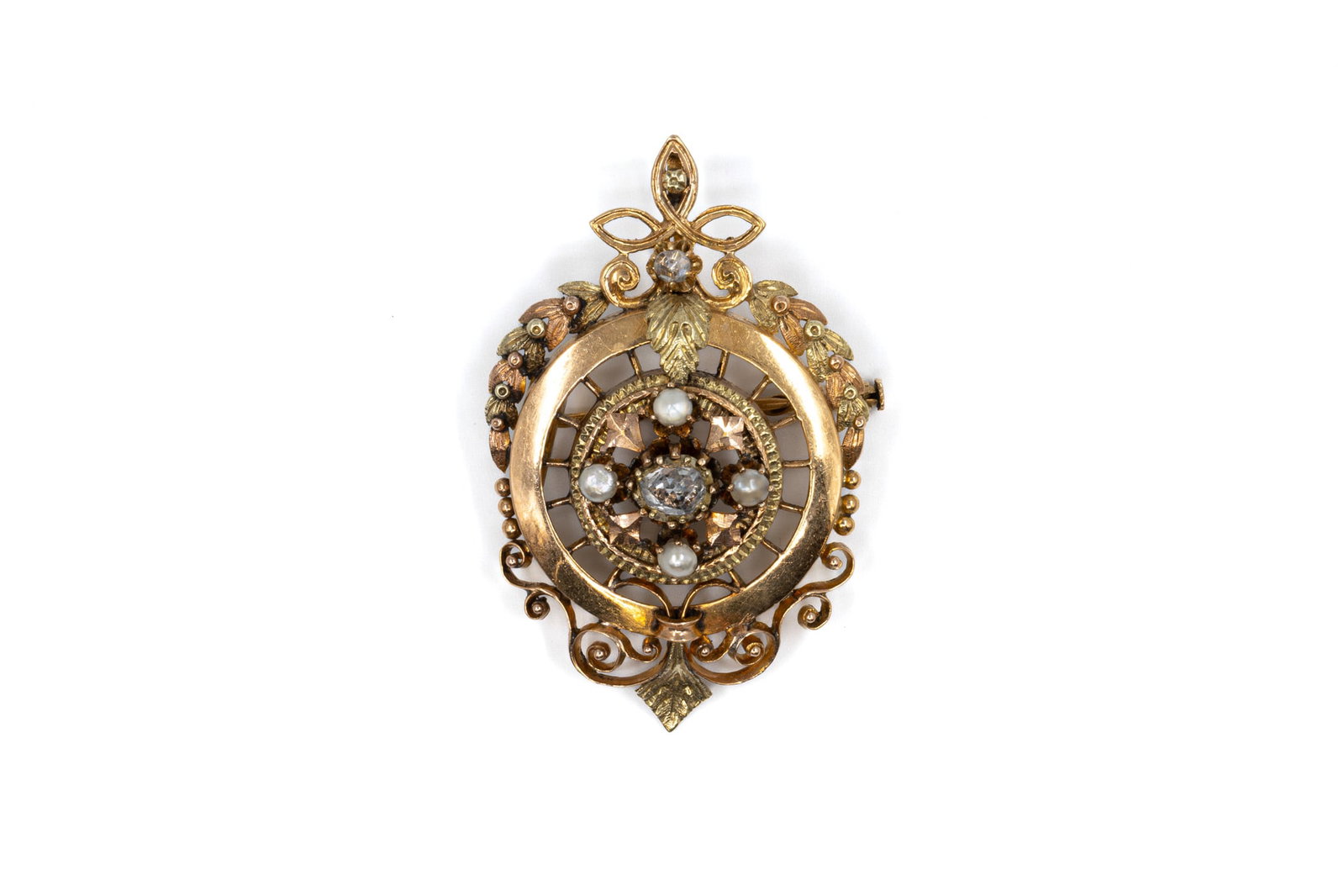 An antique 14 &18 kt gold brooch with openwork decoration, set with diamonds and seed pearls (1 of 2)
