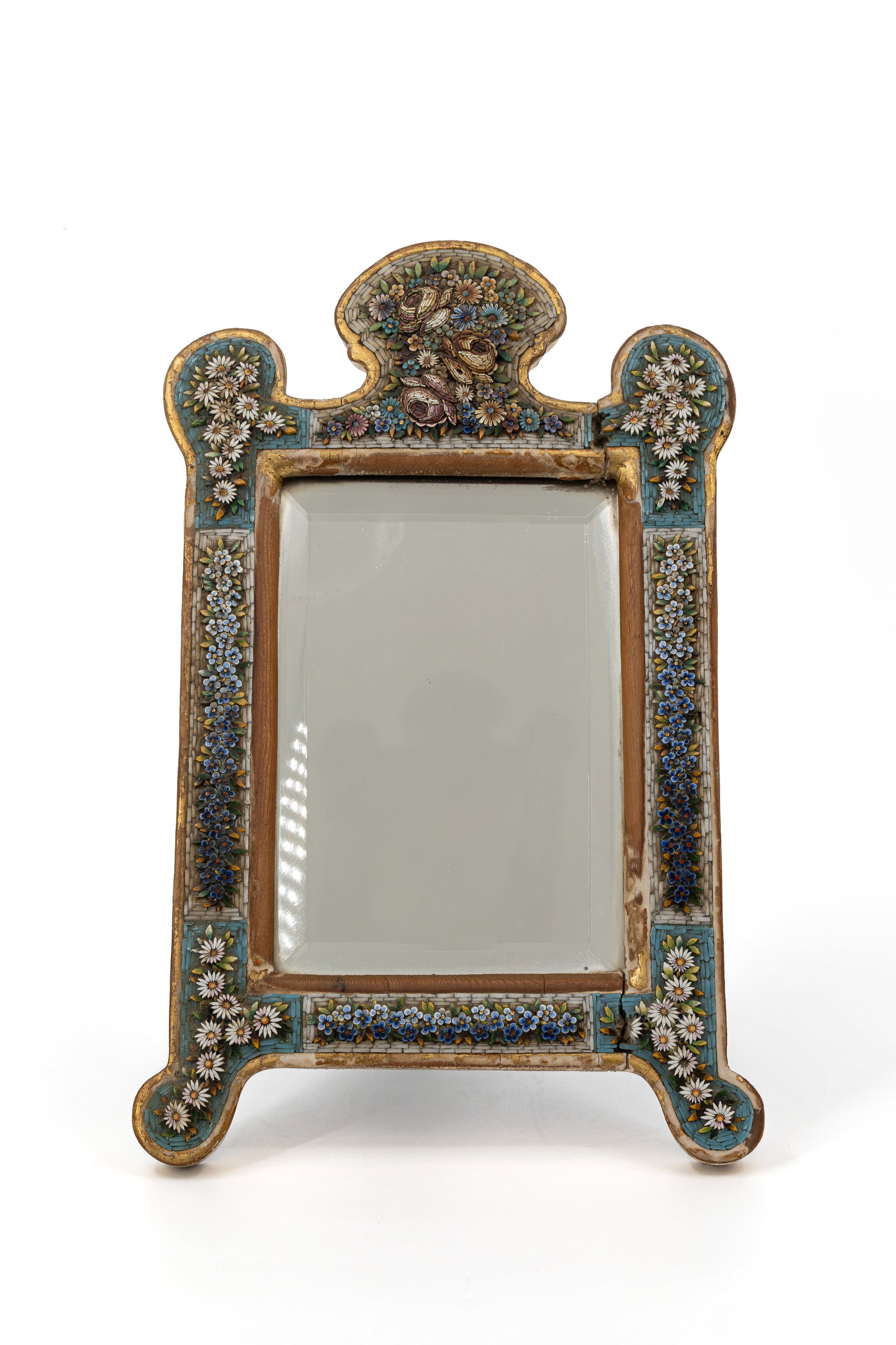 An antique Italian gilt-wood table mirror, richly decorated with floral micro-mosaic glass panels (1 of 5)