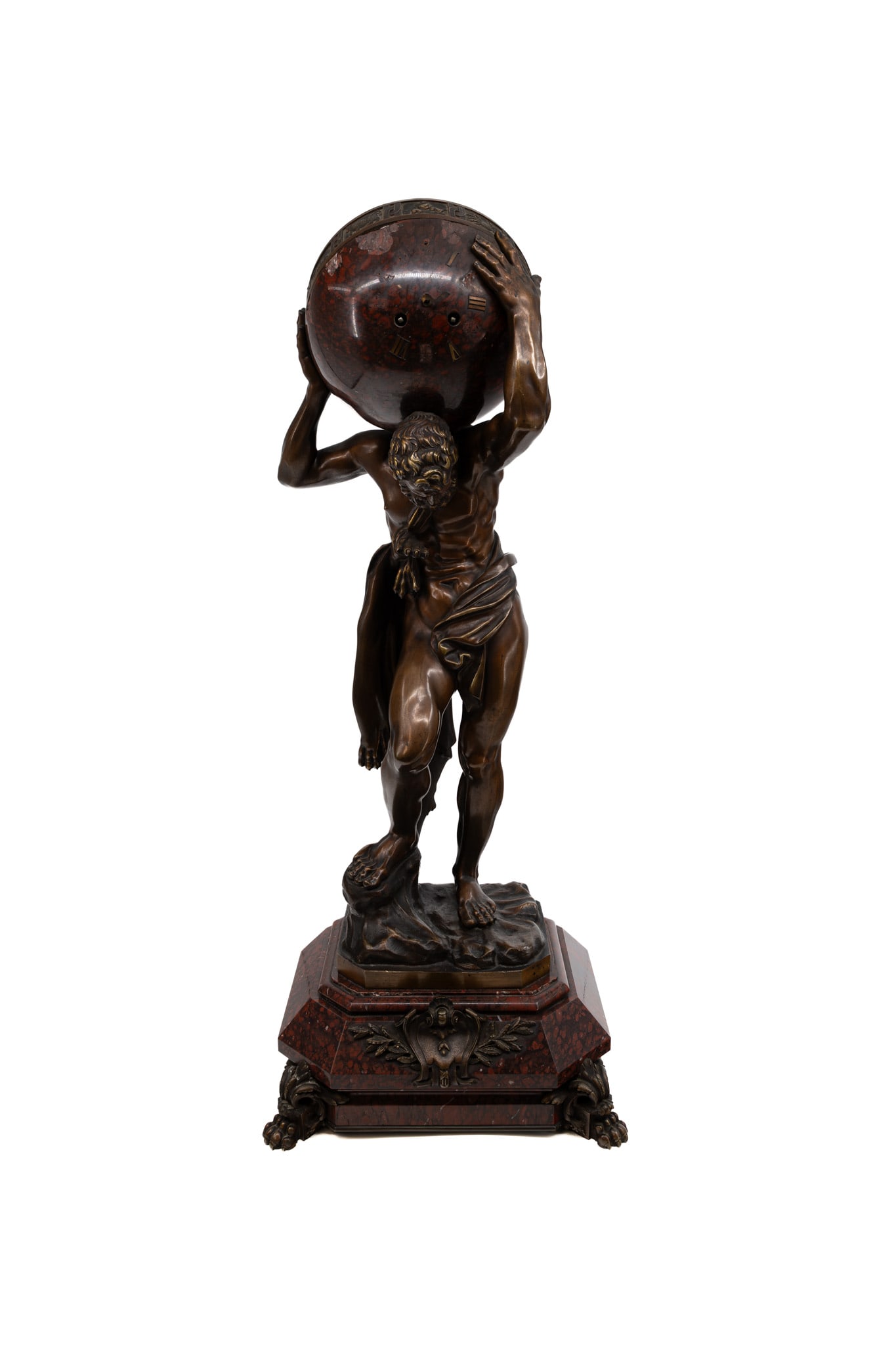 An imposing and antique French patinated bronze and marble mounted figural mantel clock (1 of 16)