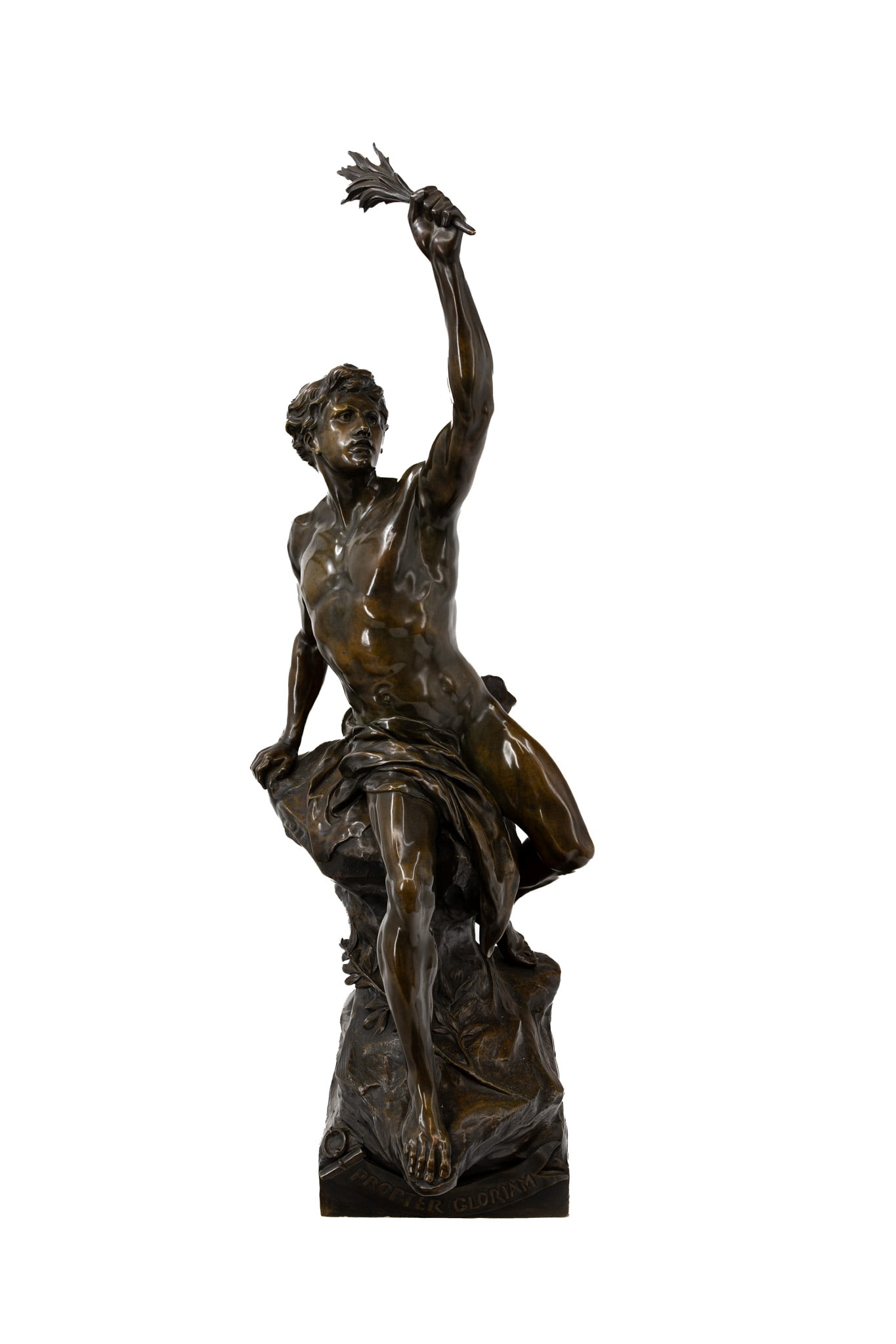 Emile PICAULT (1833-1915) "Propter Gloriam". A large and antique patinated bronze sculpture: Emile PICAULT (1833-1915) "Propter Gloriam". A large and antique patinated bronze sculpture of a young man. Signed, 19th century. H: 90 cm