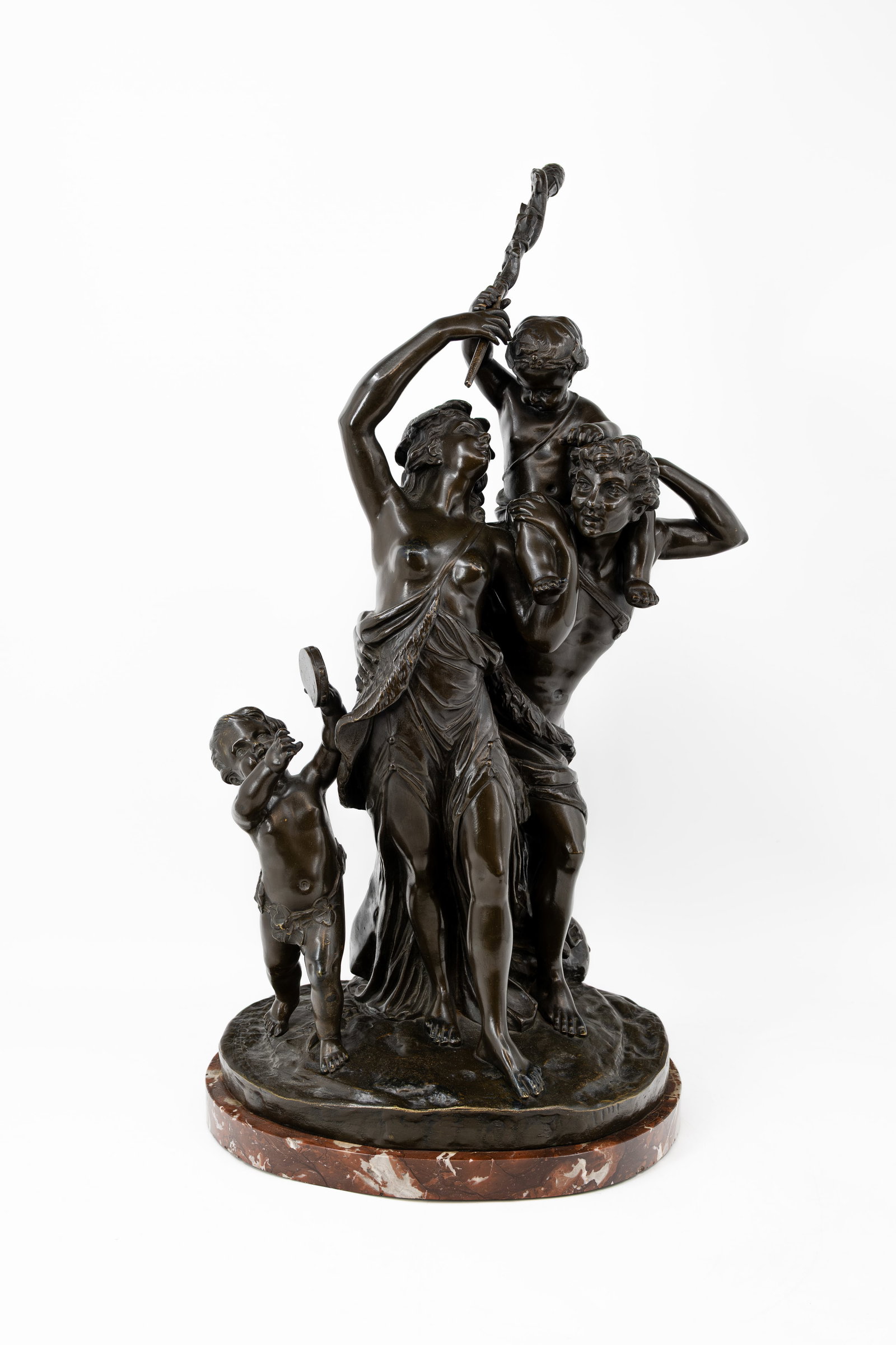 Claude Michel CLODION (1738-1814) After. "The Family". A large and antique patinated bronze: Claude Michel CLODION (1738-1814) After. "The Family". A large and antique patinated bronze sculpture depicting Bacchus with his family. Mounted on a marble base. Signed, 19th century. H: 70 cm, witho