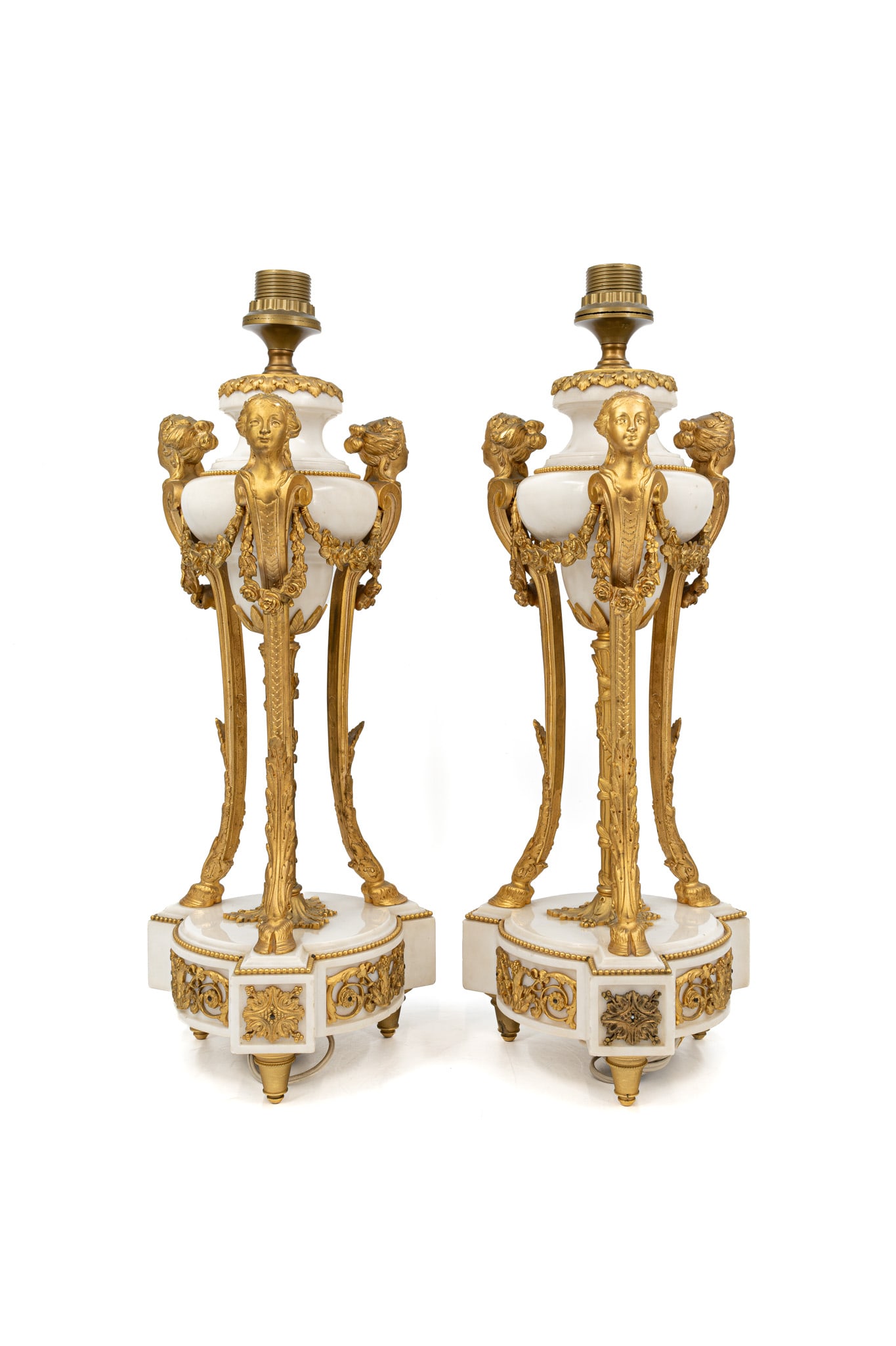 A pair of large and antique Neoclassical style gilt bronze mounted white marble cassolette lamps (1 of 11)