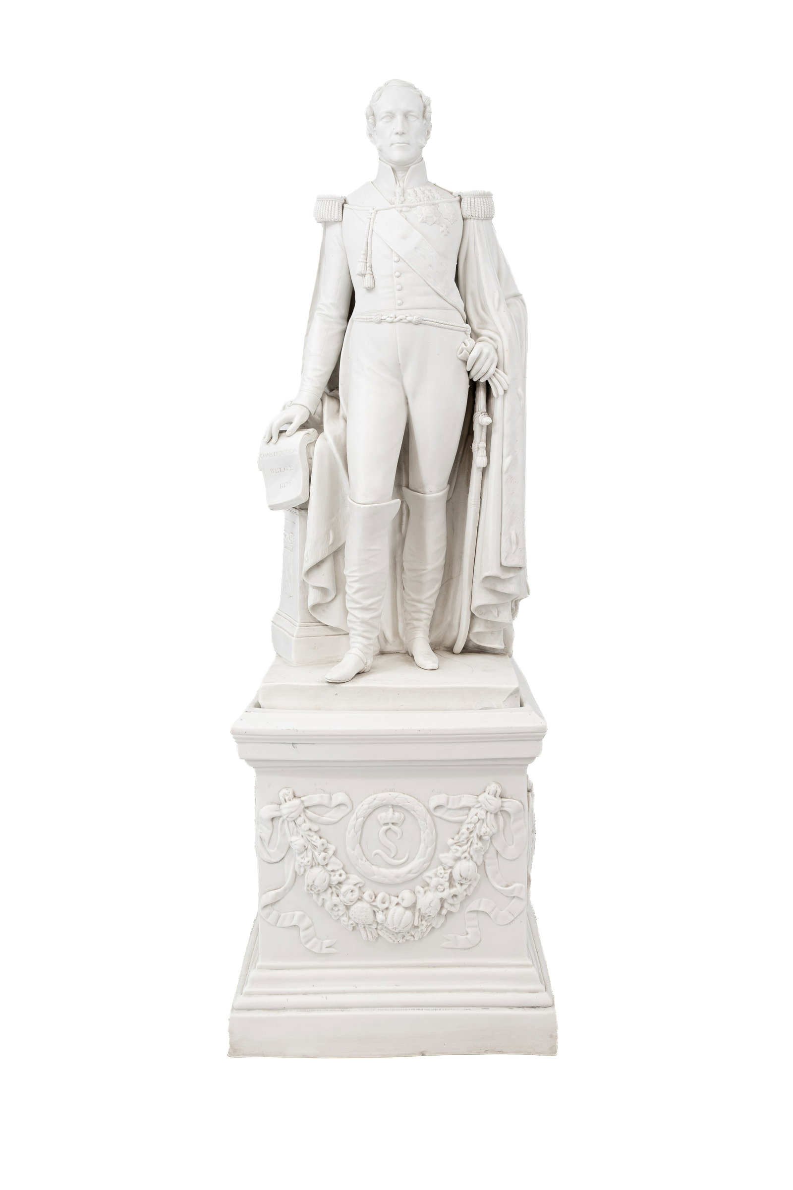 Jean Baptiste CAPPELLEMANS (XVIII-XIX) An imposing and important antique biscuit figure: Jean Baptiste CAPPELLEMANS (XVIII-XIX) An imposing and important antique biscuit figure representing standing Leopold I, footed on a matching base. Marked: J.-B. CAPPELLEMANS AINE, d'apres G. GEEFS. A
