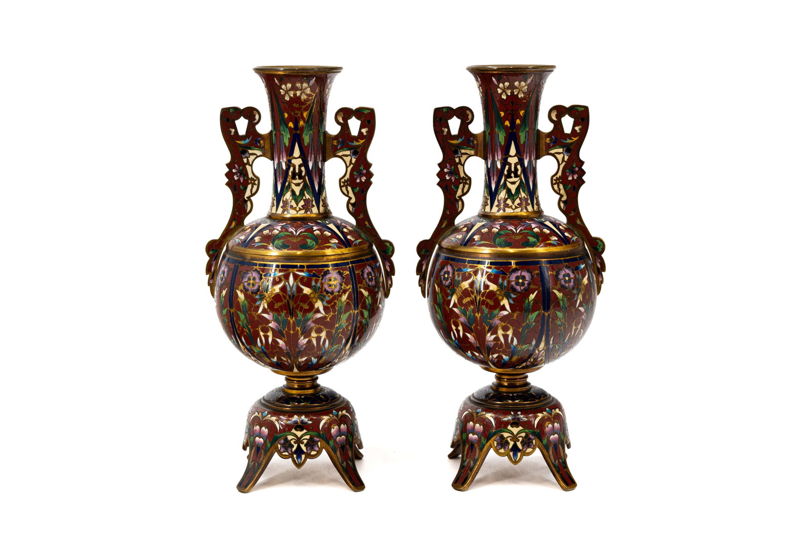 A French pair finely decorated champleve enamel bronze vases with handles (1 of 9)