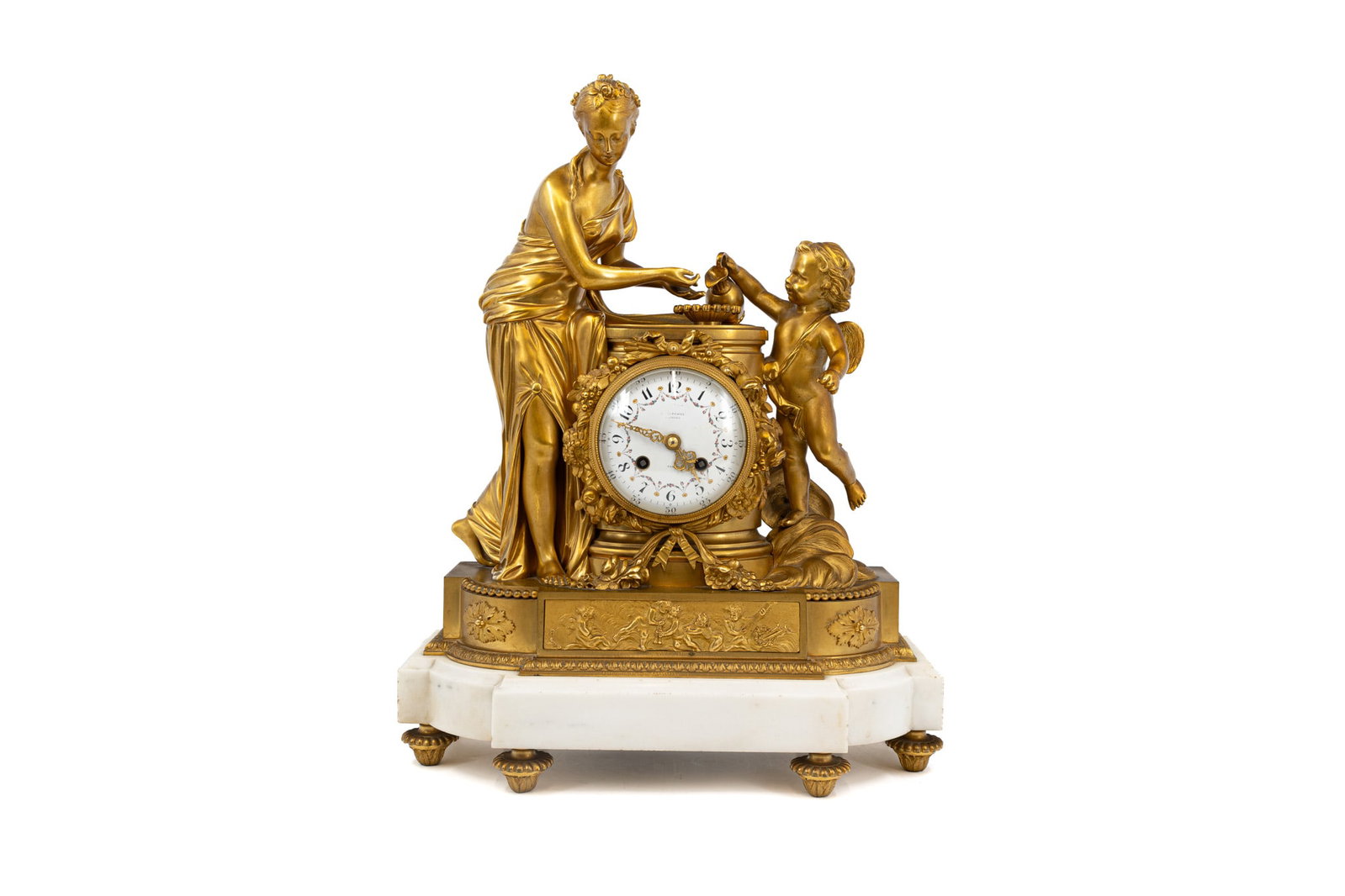 An antique French Louis XVI style gilt bronze and white marble figural mantel clock (1 of 12)