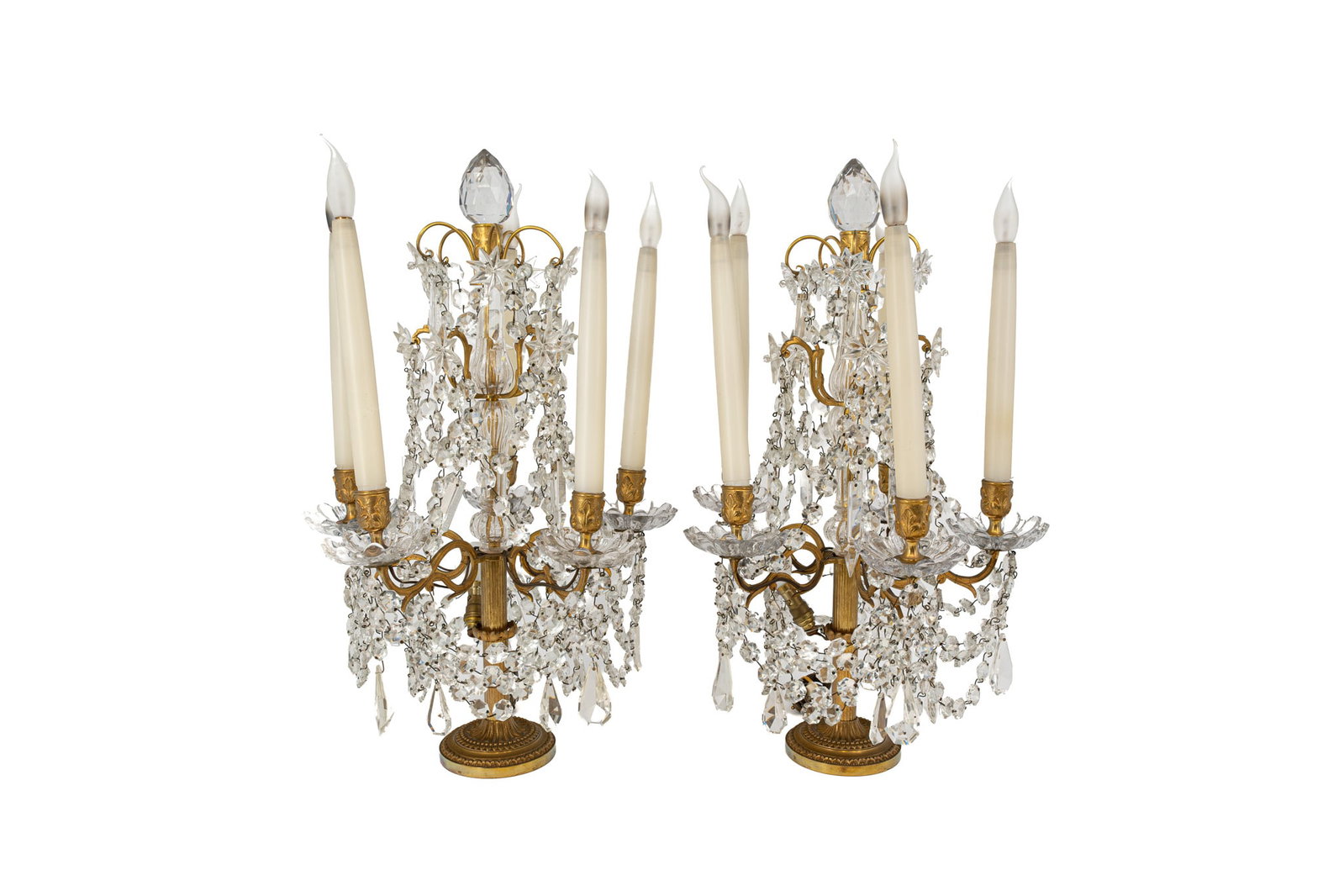 A pair of antique Louis XVI style gilt bronze and cut crystal five-light girandoles (1 of 5)