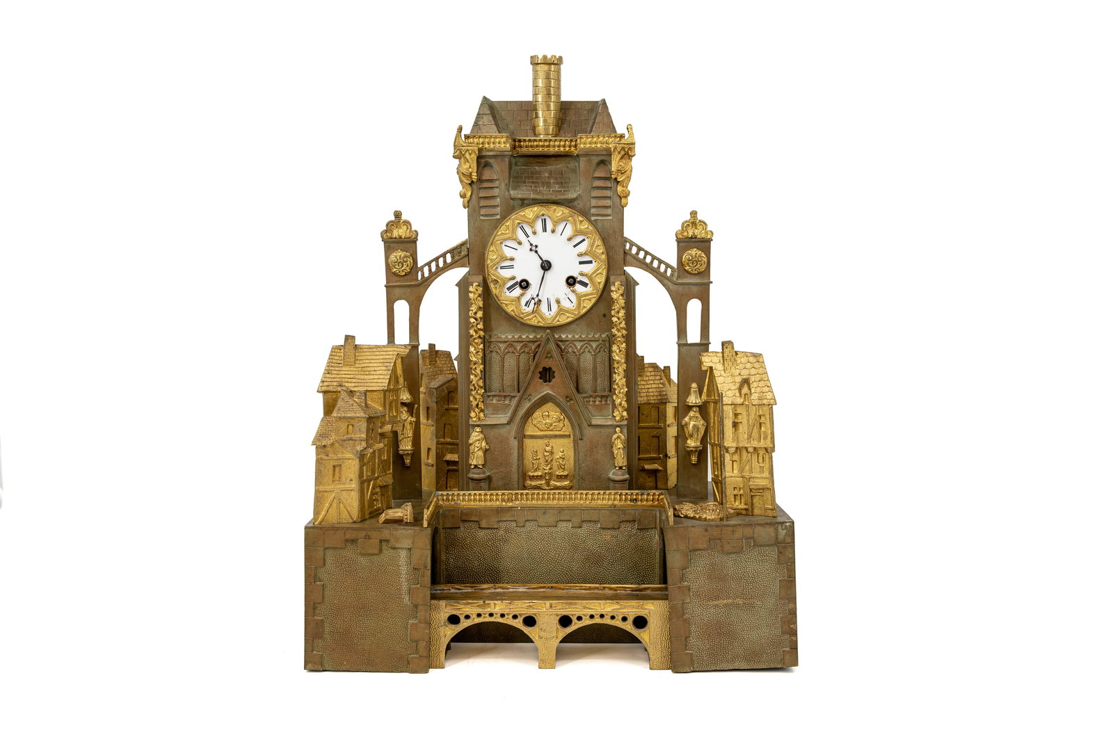 An antique Neo-gothic gilt and patinated bronze mantel clock (1 of 12)
